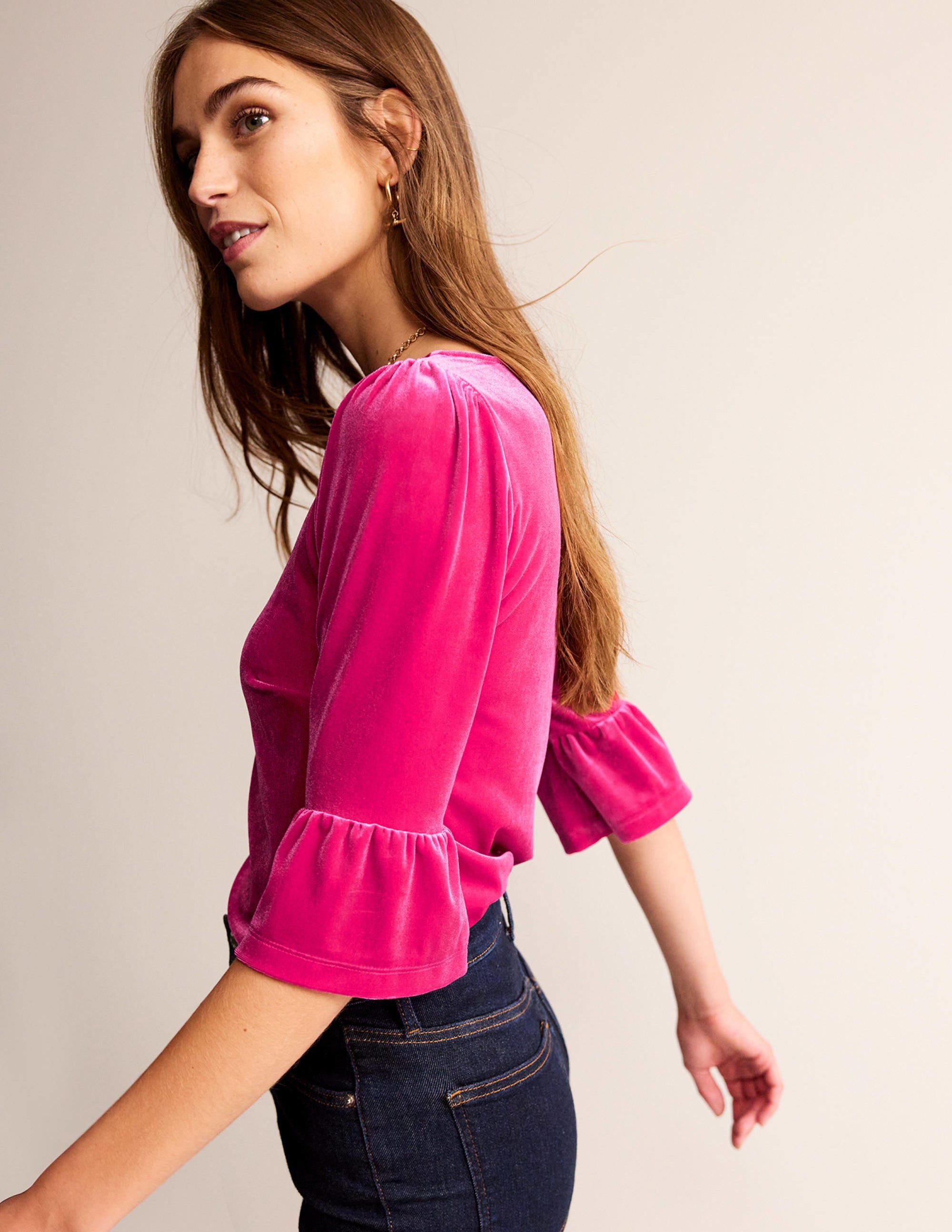 Velvet Ruffle Cuff Top-Vibrant Pink - Image 1