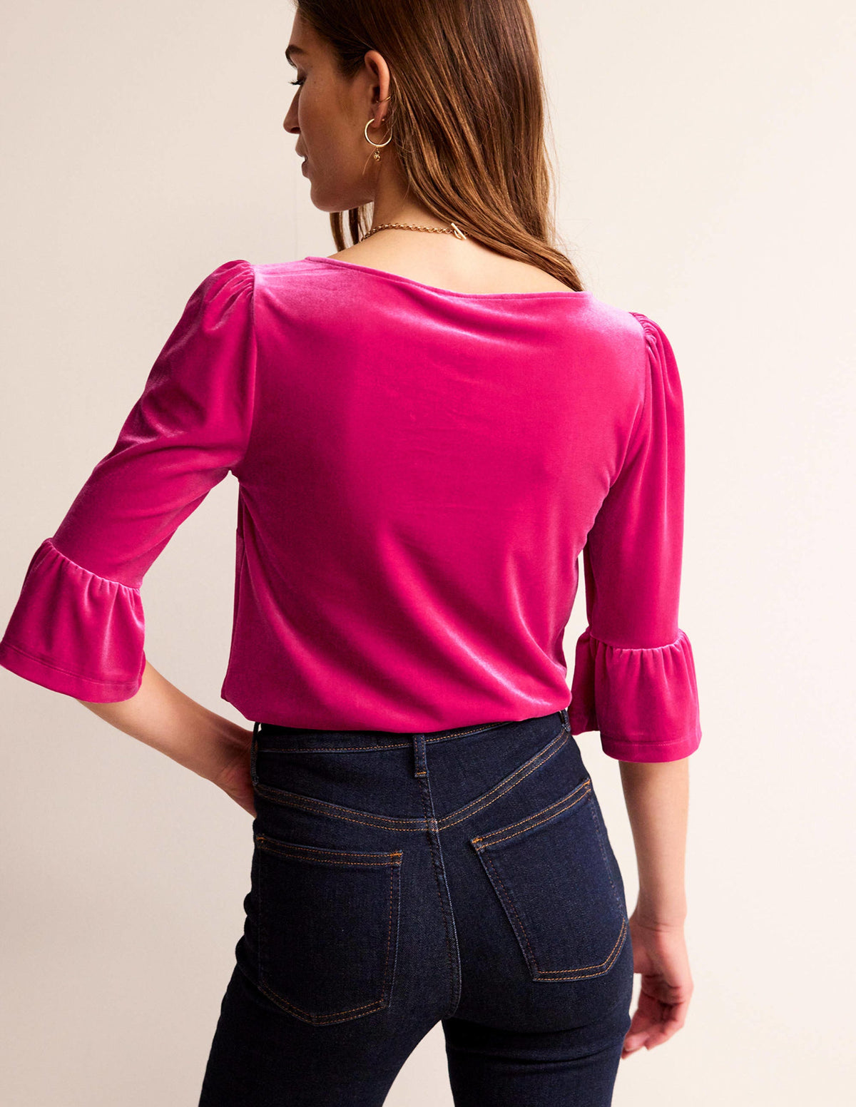Velvet Ruffle Cuff Top-Vibrant Pink - Image 3