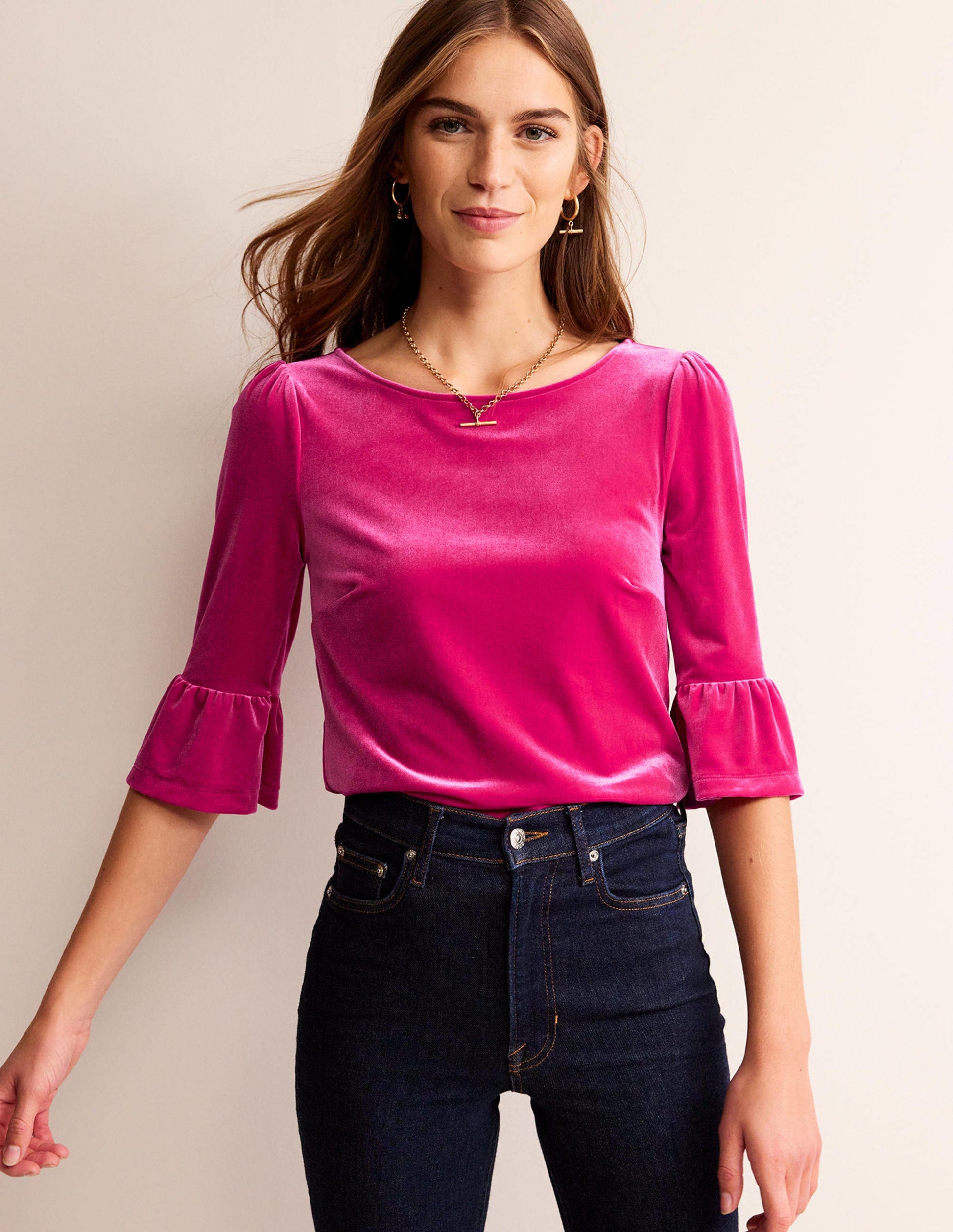 Velvet Ruffle Cuff Top-Vibrant Pink-4