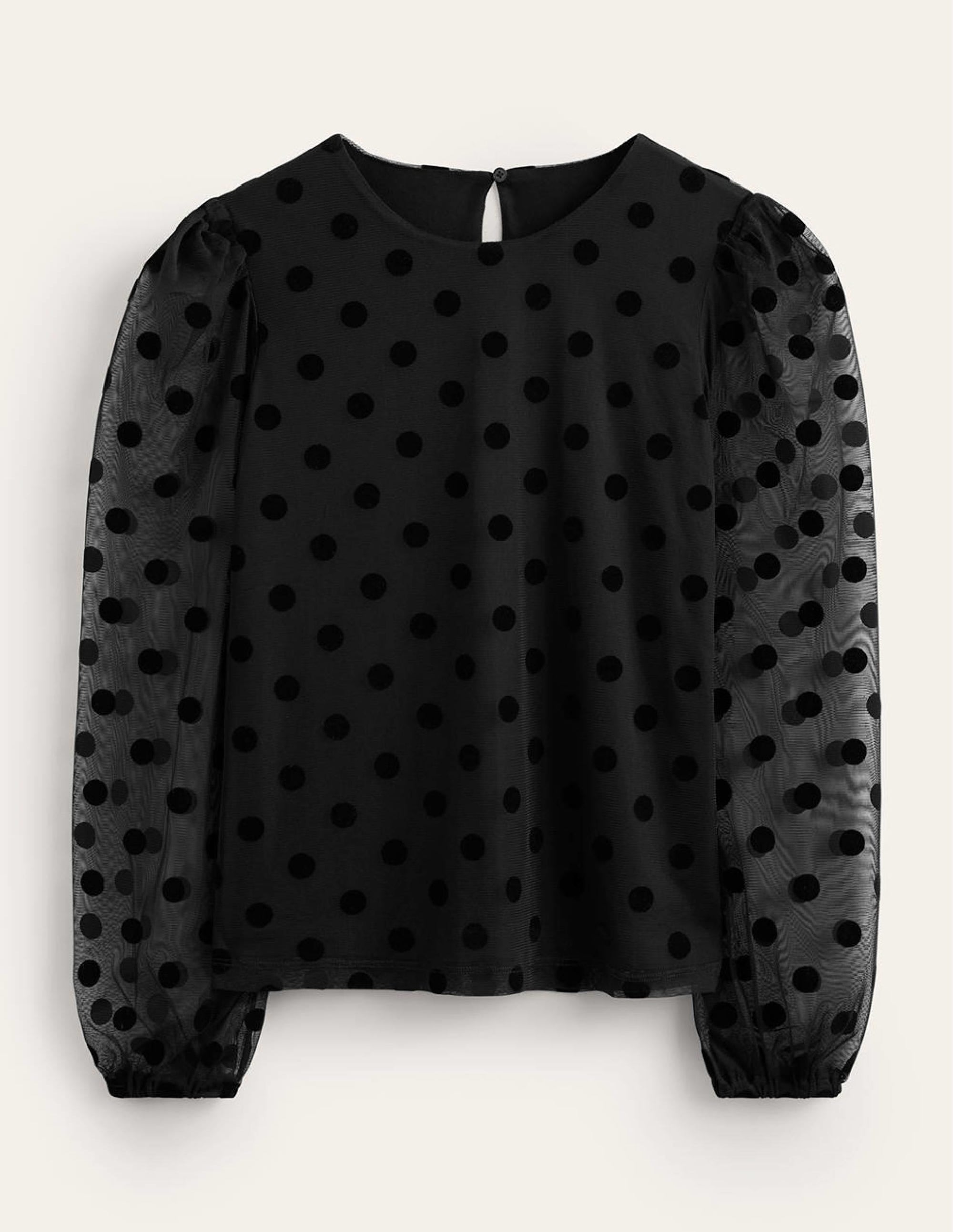 Puff-Sleeve Spotty Tulle Top-Black - Image 8