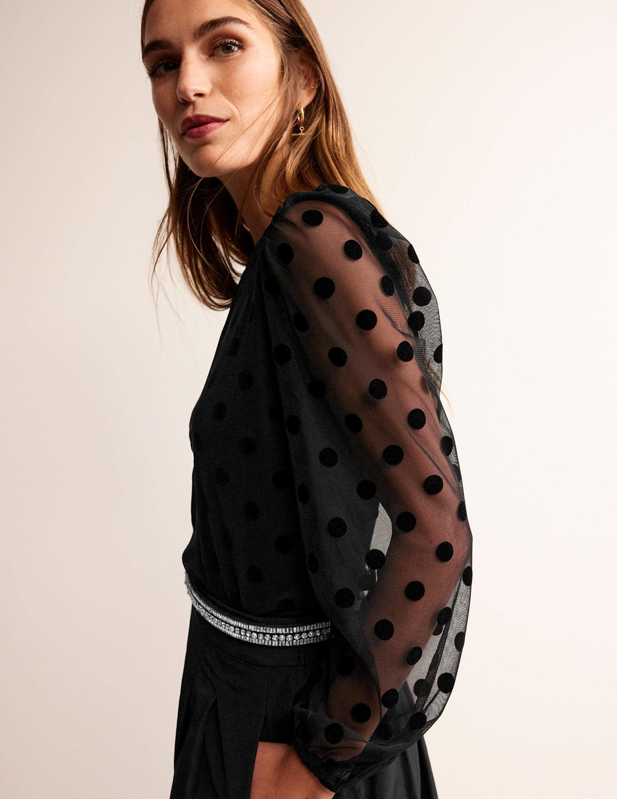 Puff-Sleeve Spotty Tulle Top-Black - Image 1