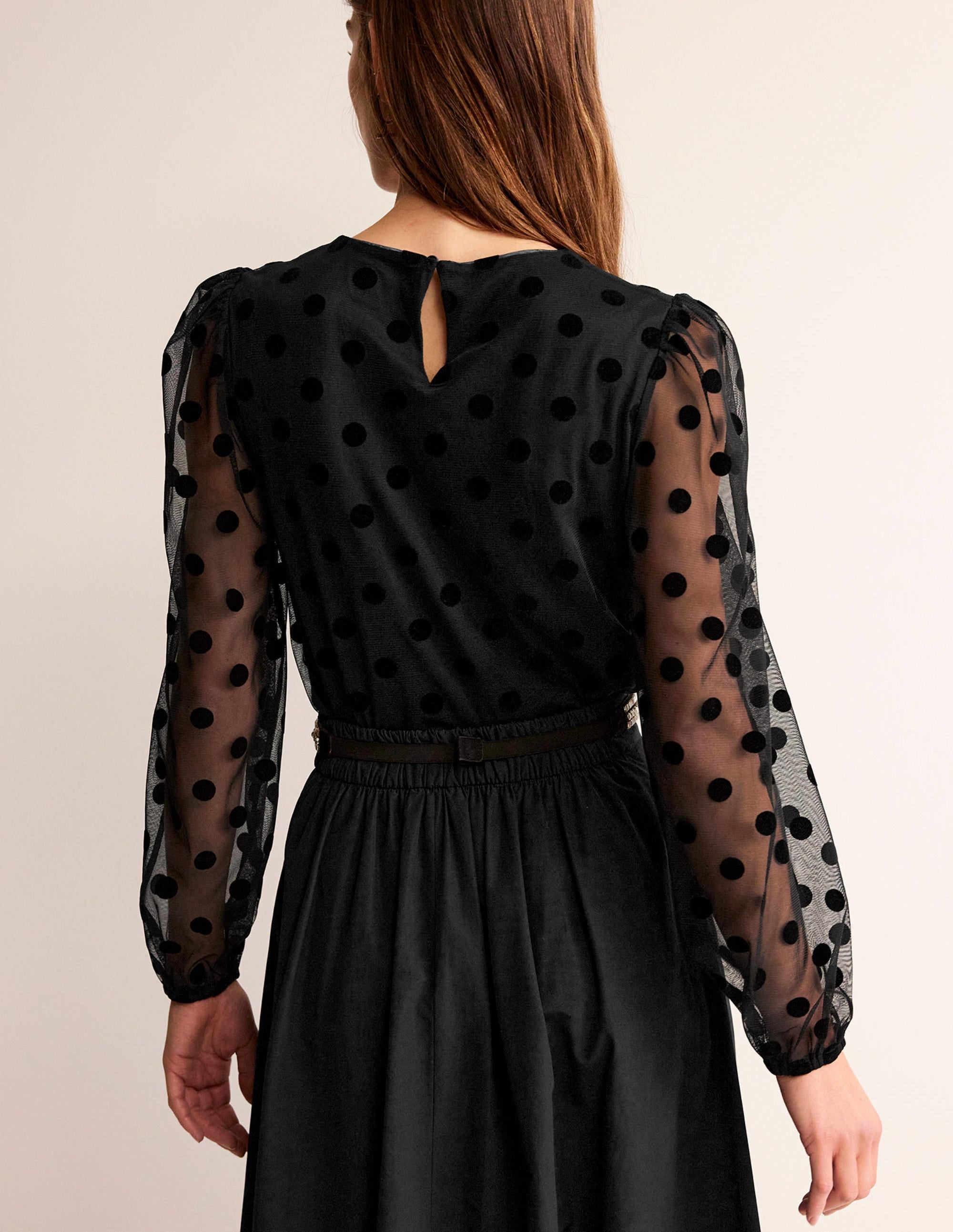 Puff-Sleeve Spotty Tulle Top-Black - Image 3