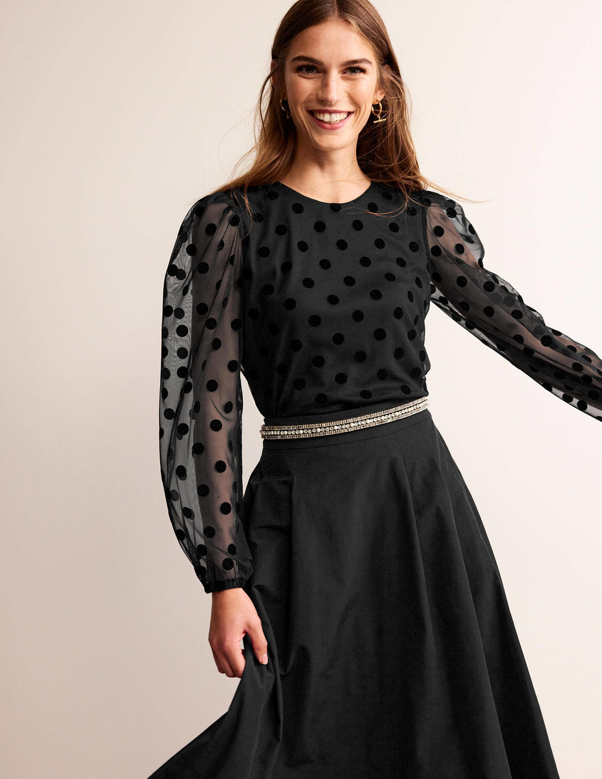 Puff-Sleeve Spotty Tulle Top-Black-4
