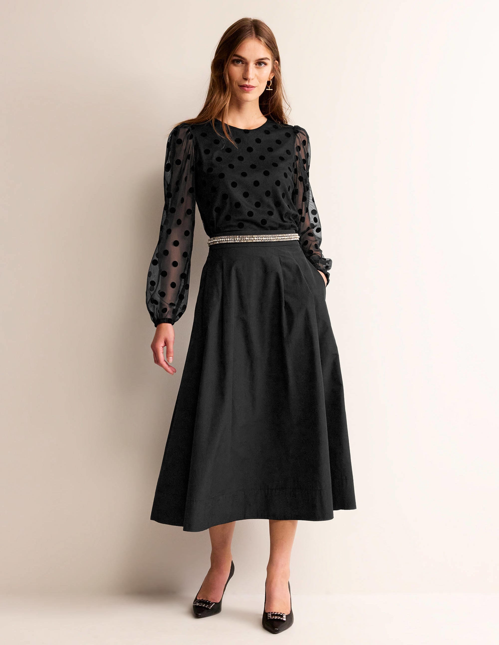 Puff-Sleeve Spotty Tulle Top-Black - Image 5