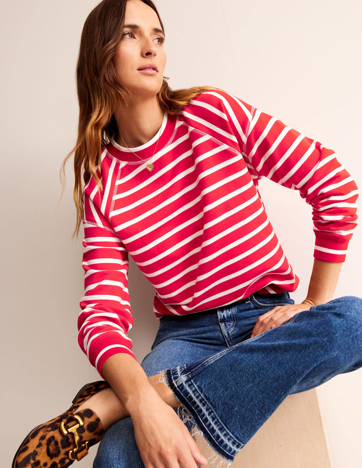 Striped Raglan Sweatshirt-Red, Ivory - Image 1