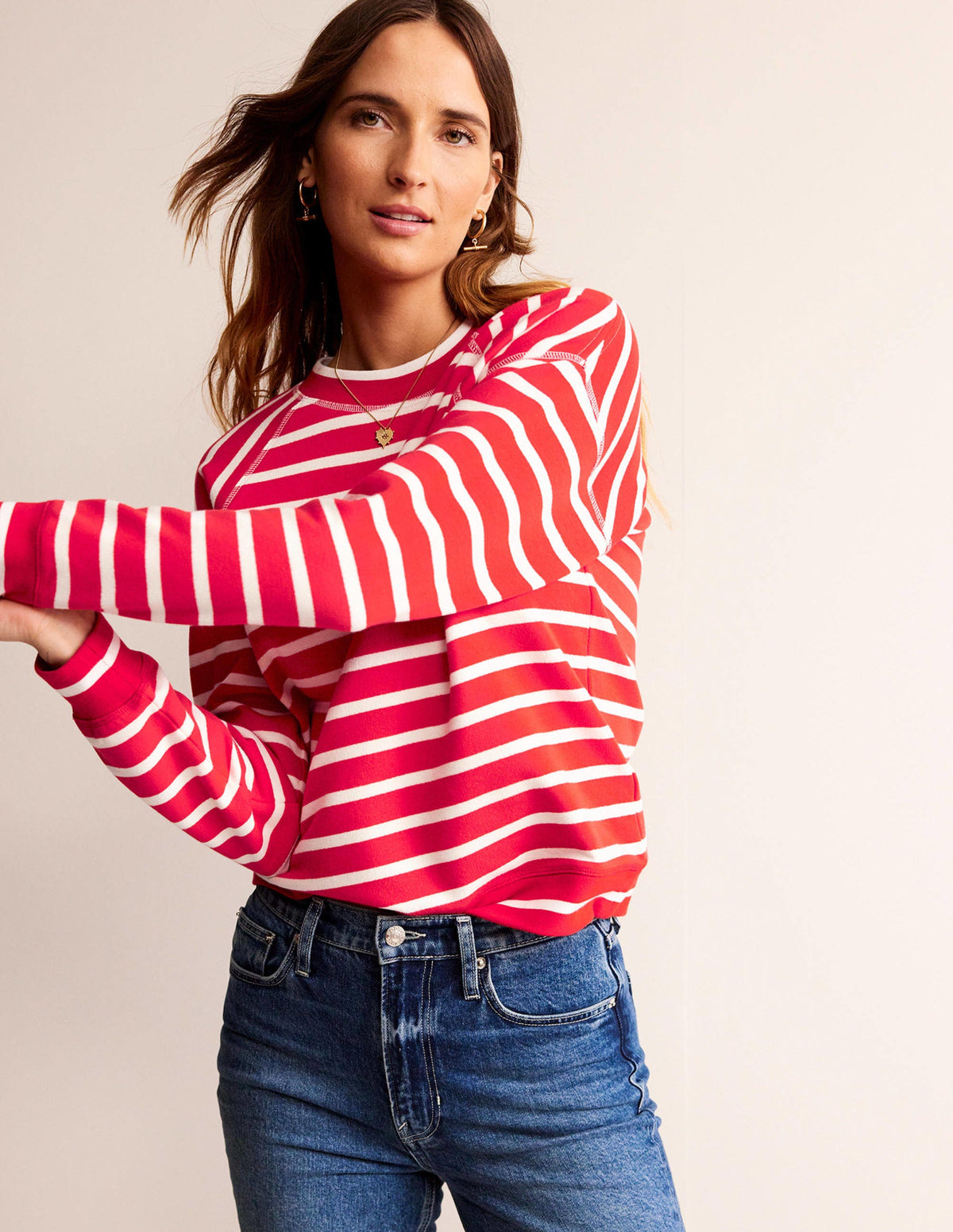 Striped Raglan Sweatshirt-Red, Ivory-4