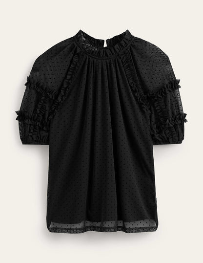 Short-Sleeve Spotty Tulle Top-Black-6