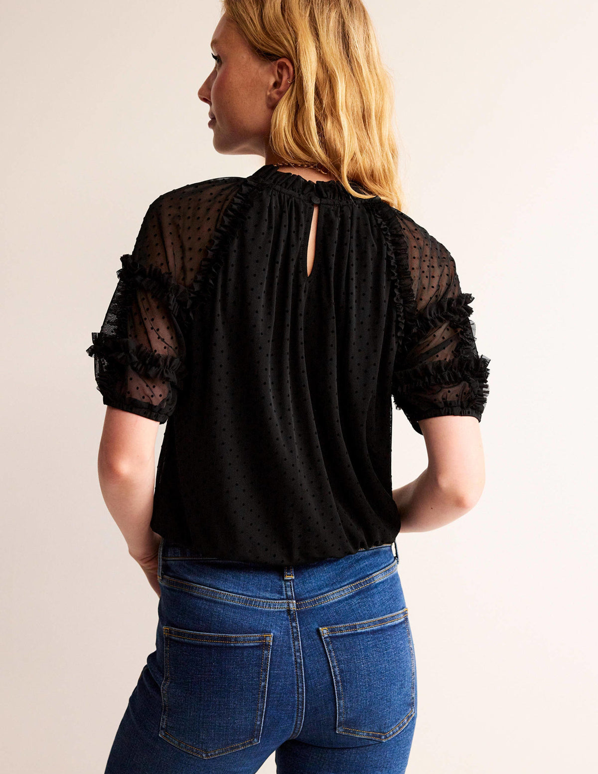 Short-Sleeve Spotty Tulle Top-Black - Image 3