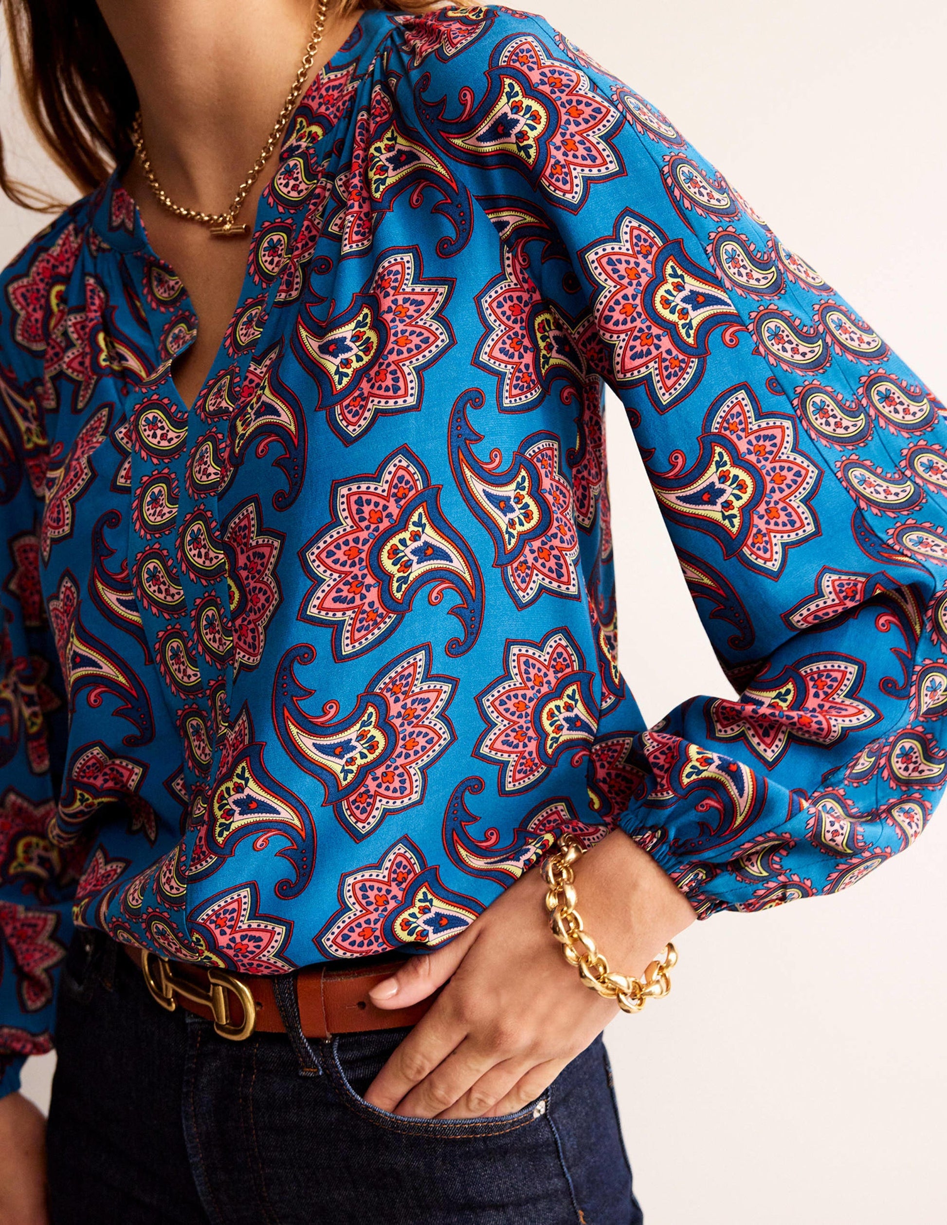 Border Print Raglan Top-Blue, Paisley Amaryllis-2