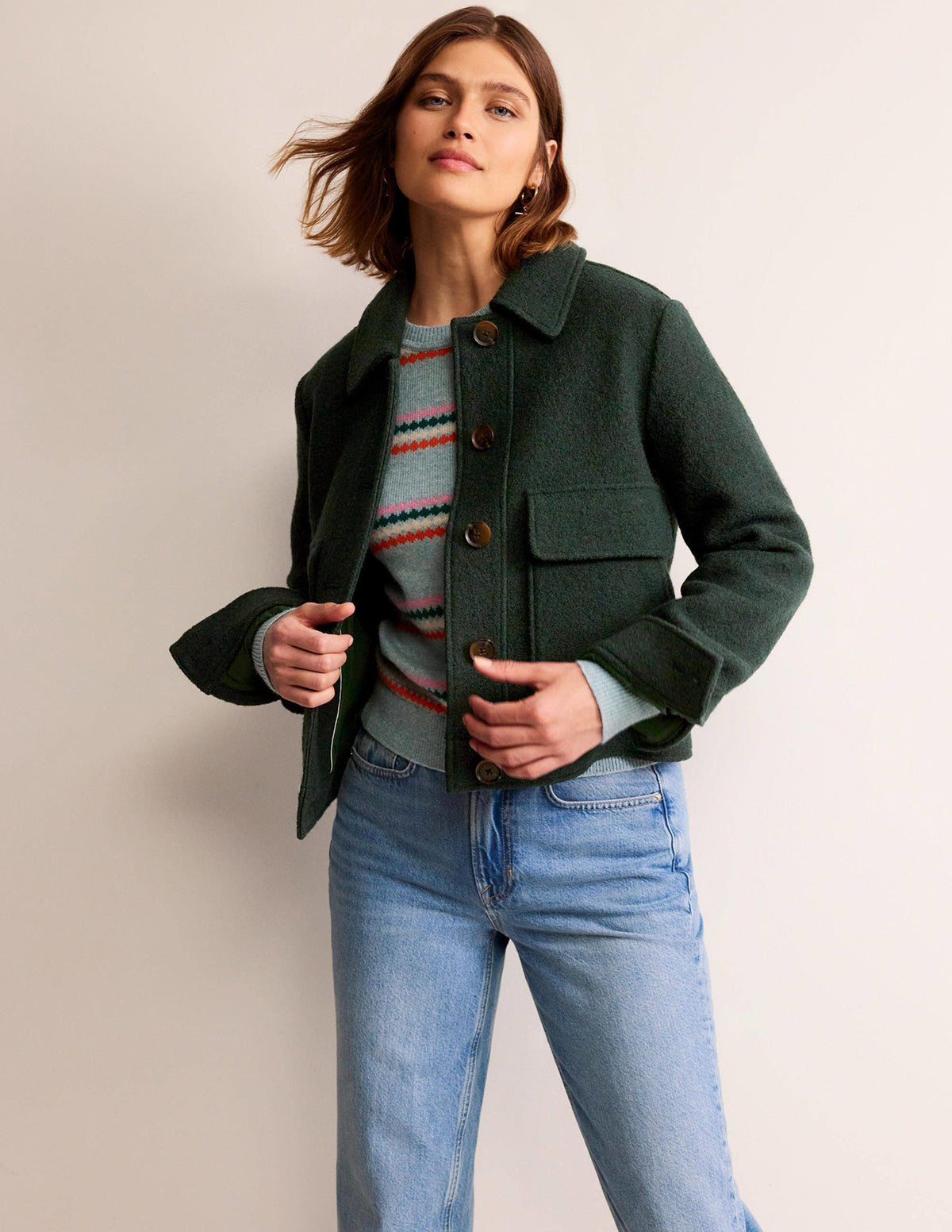Collared Textured Wool Jacket-Green - Image 1