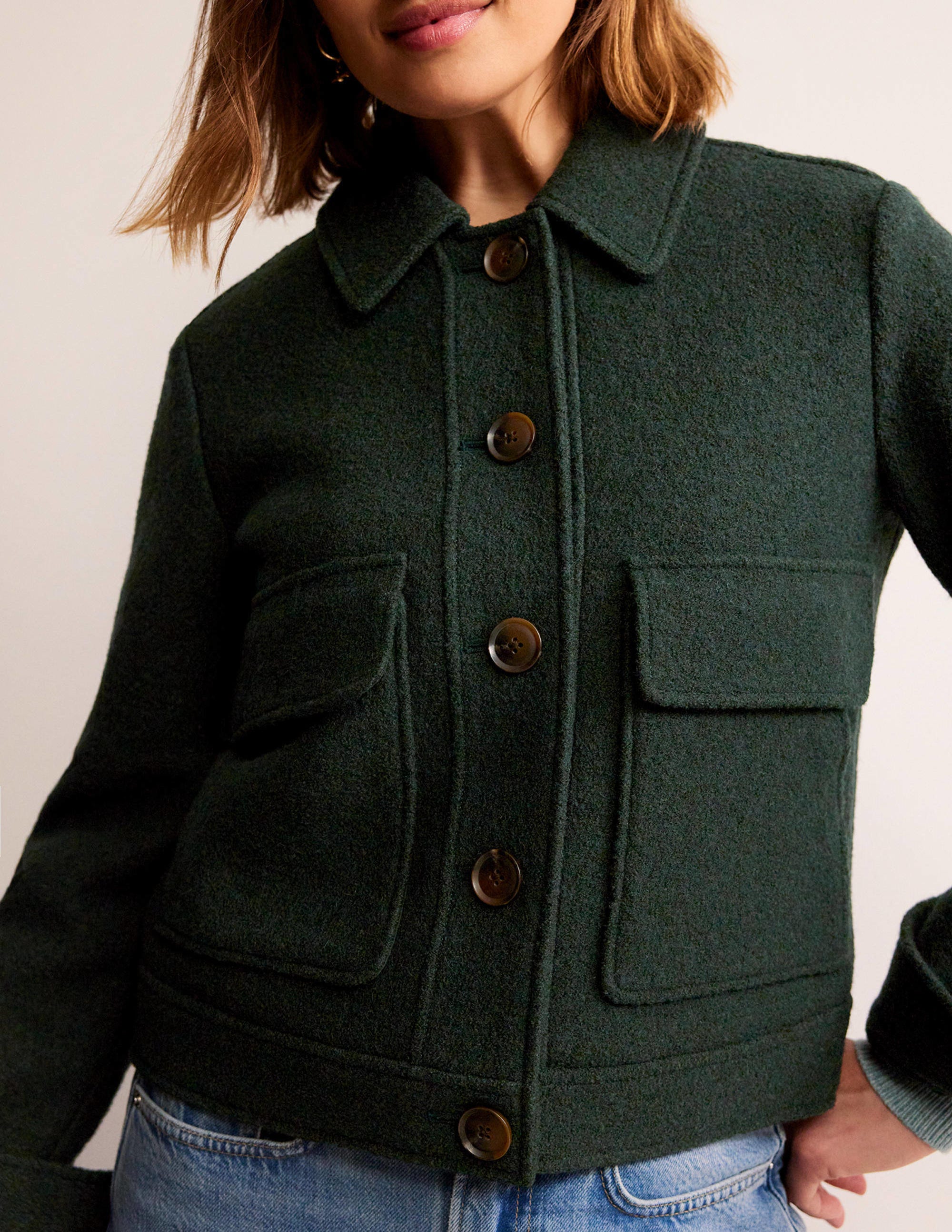 Collared Textured Wool Jacket-Green - Image 2