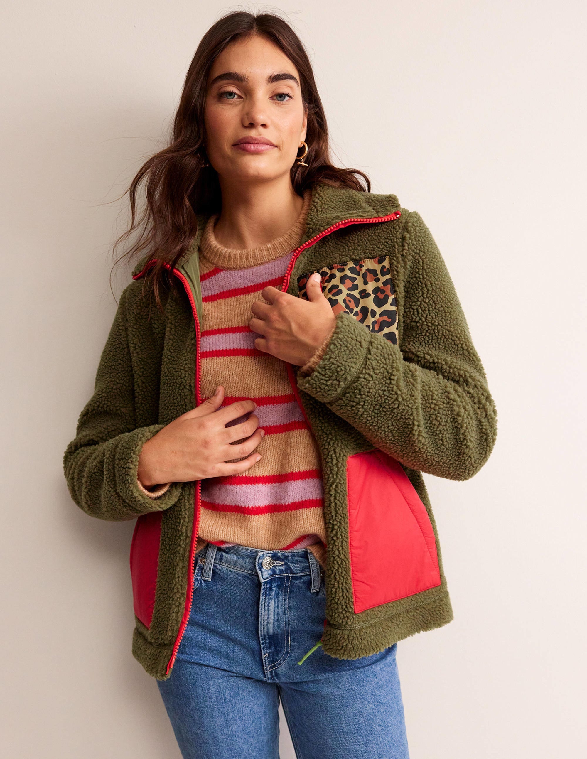 Funnel-Neck Borg Jacket-Mermaid, Hibiscus, Leopard - Image 4