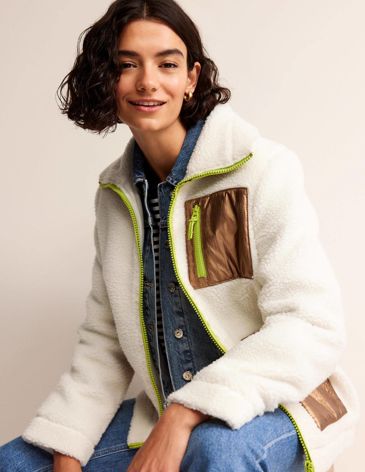 Funnel-Neck Borg Jacket-Ivory, Metallic - Image 1