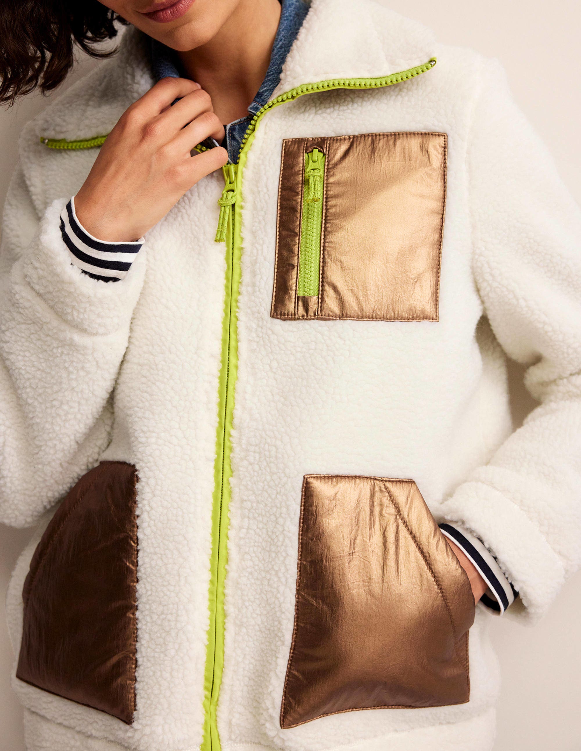 Funnel-Neck Borg Jacket-Ivory, Metallic - Image 2
