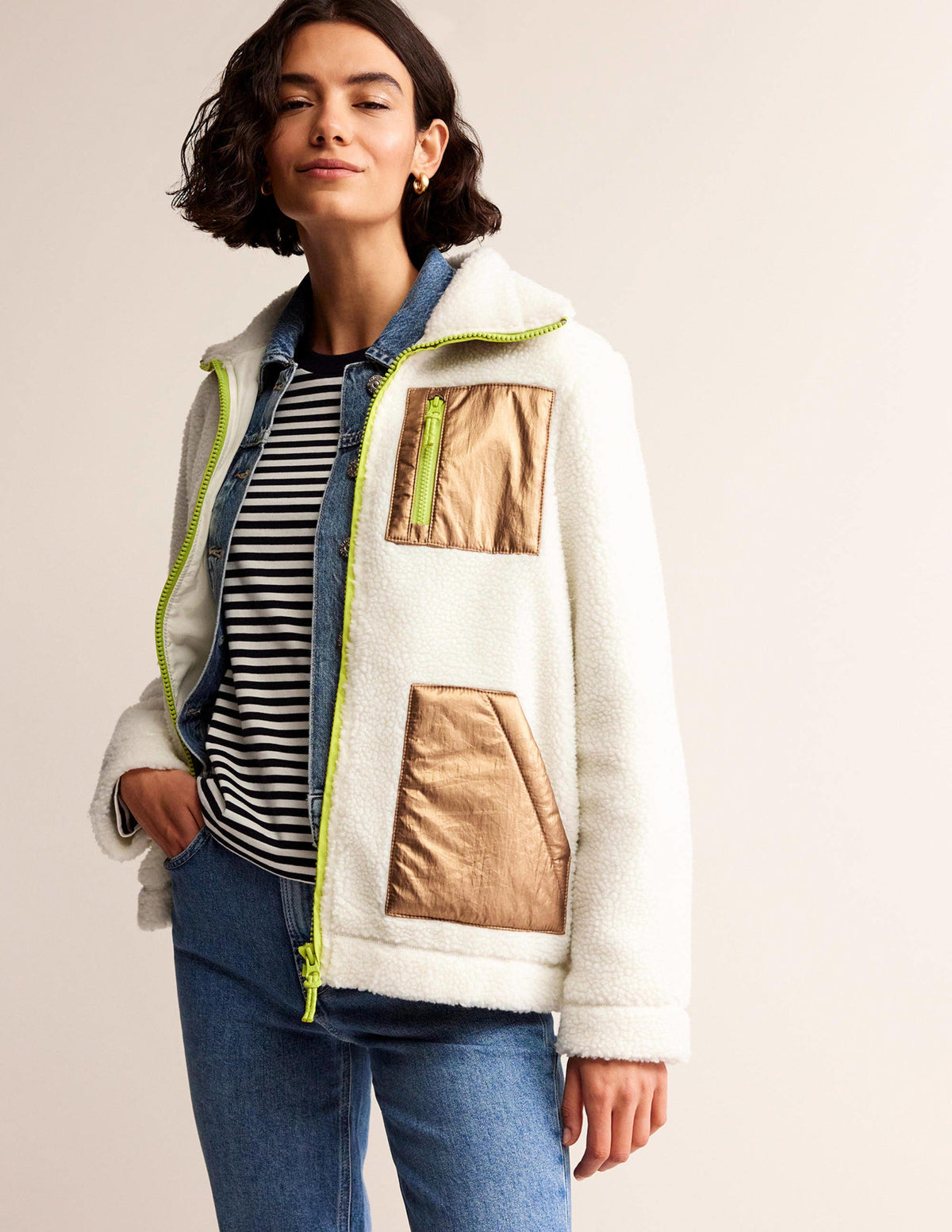 Funnel-Neck Borg Jacket-Ivory, Metallic-5