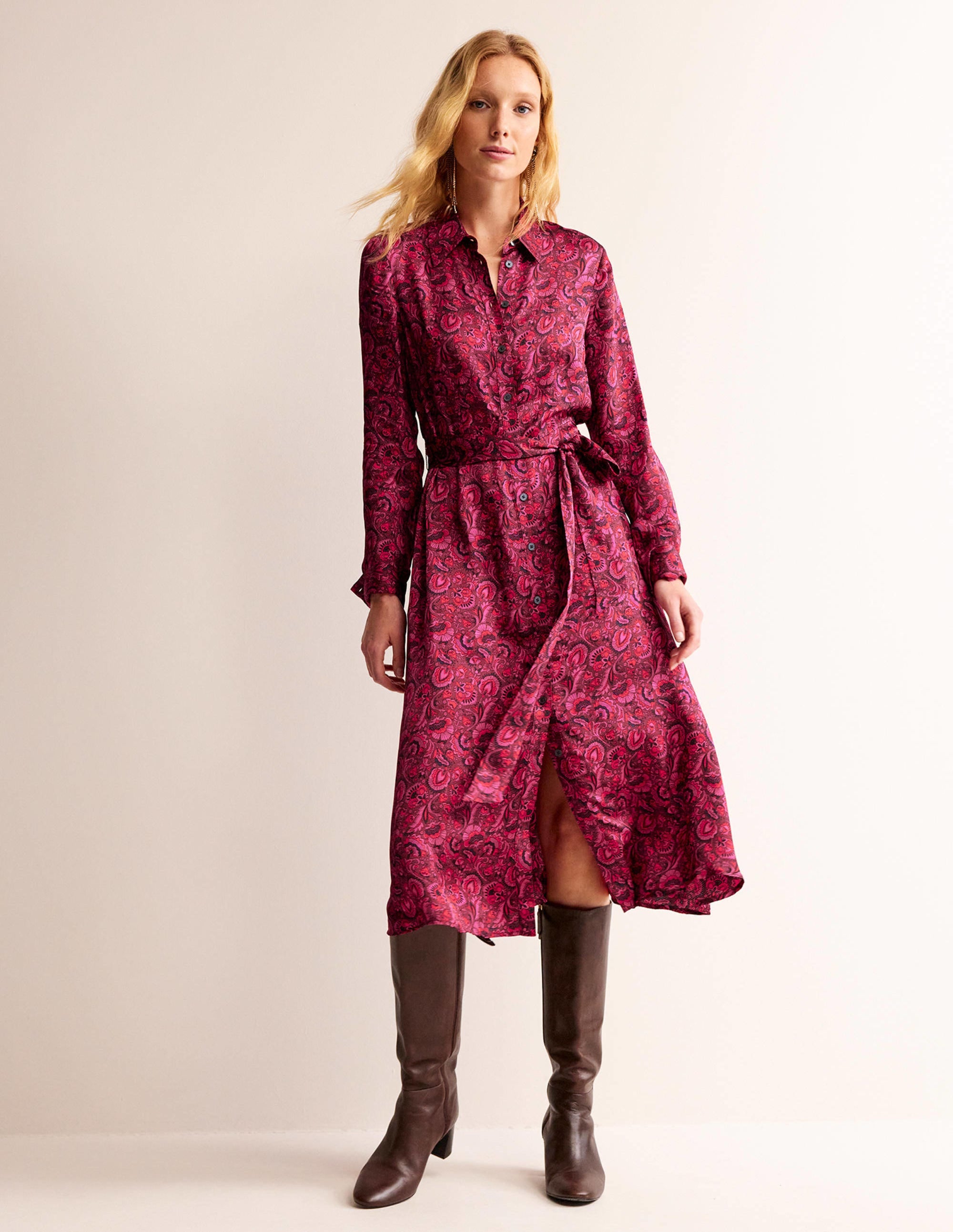 Kate Satin Shirt Dress-Burgundy Red, Florist - Image 1