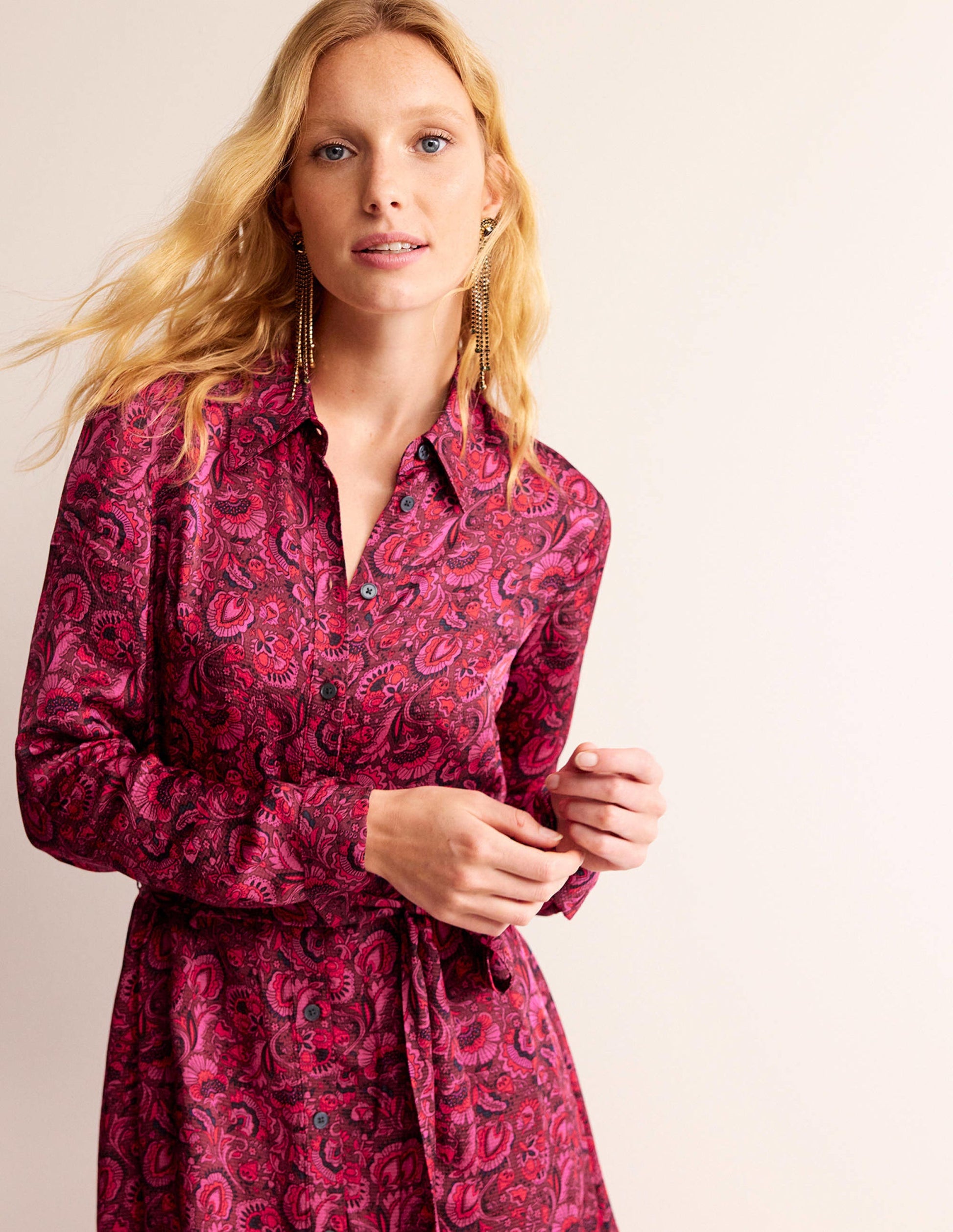 Kate Satin Shirt Dress-Burgundy Red, Florist-2