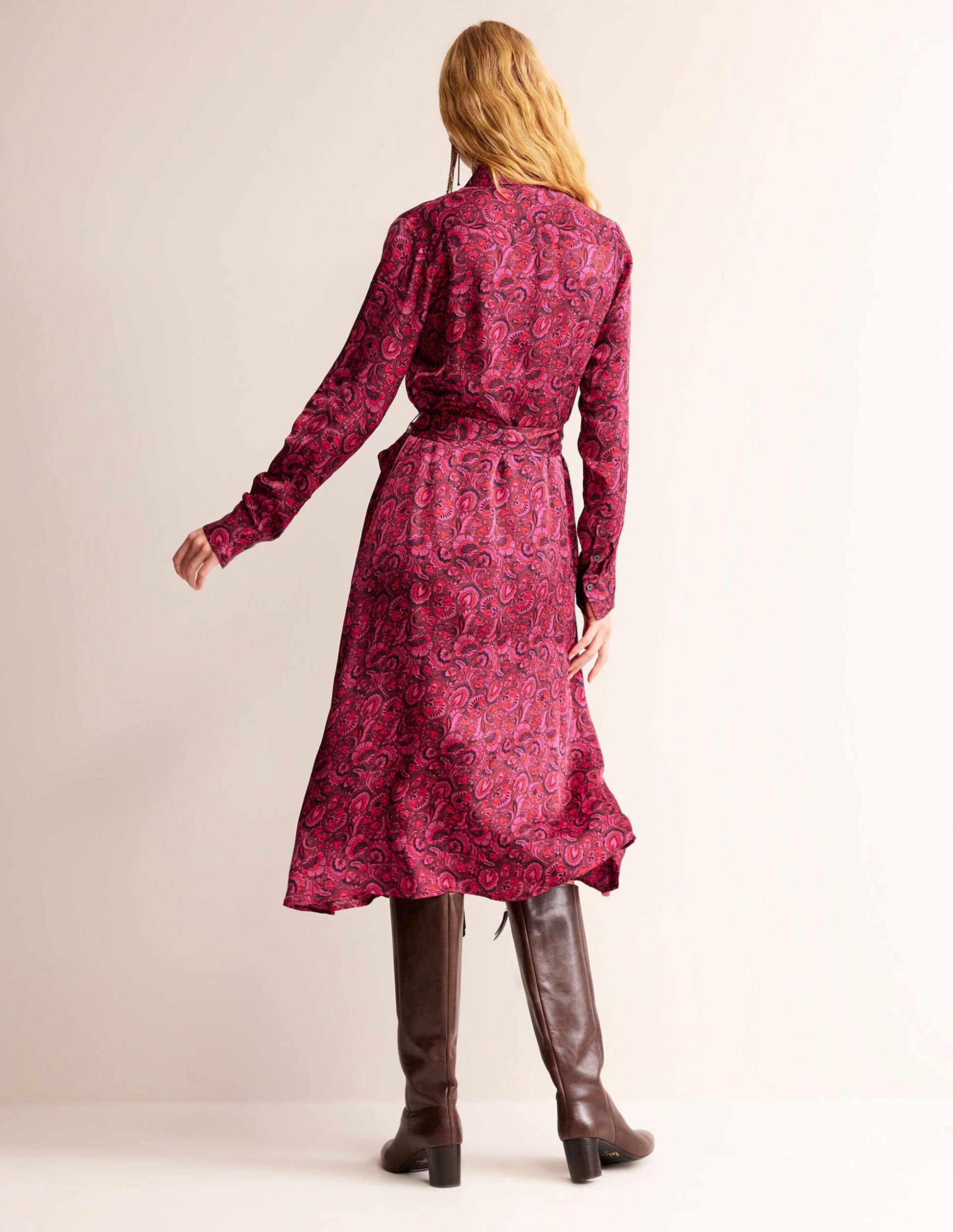 Kate Satin Shirt Dress-Burgundy Red, Florist-3