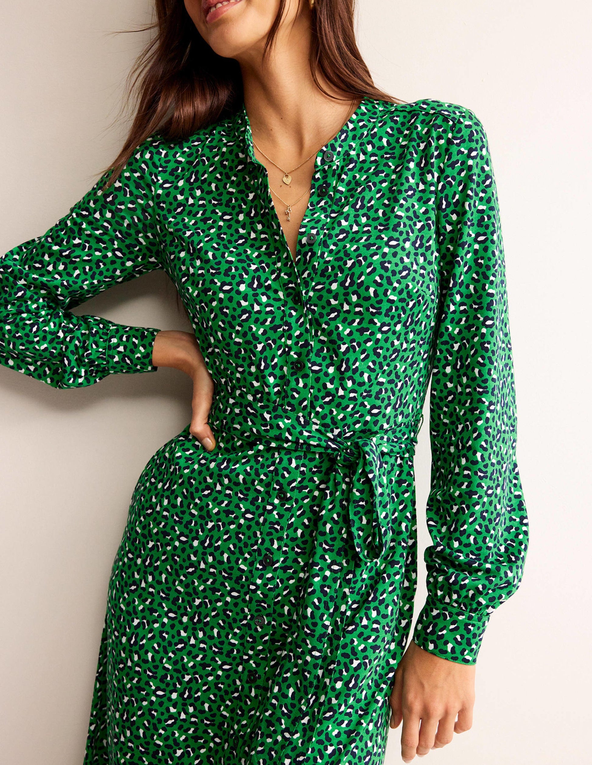 Julia Jersey Shirt Dress-Green Tambourine, Animal Print-2