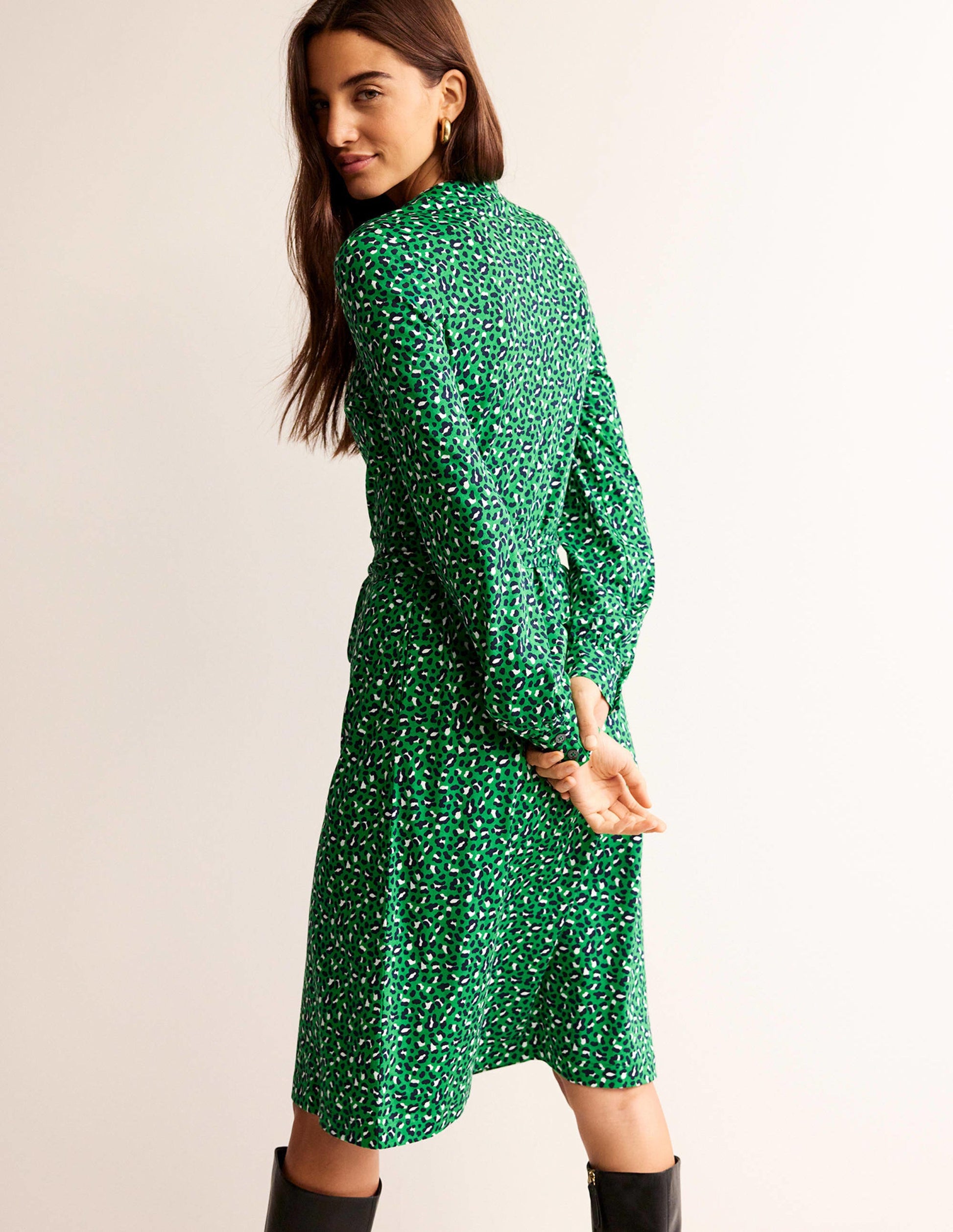 Julia Jersey Shirt Dress-Green Tambourine, Animal Print-3
