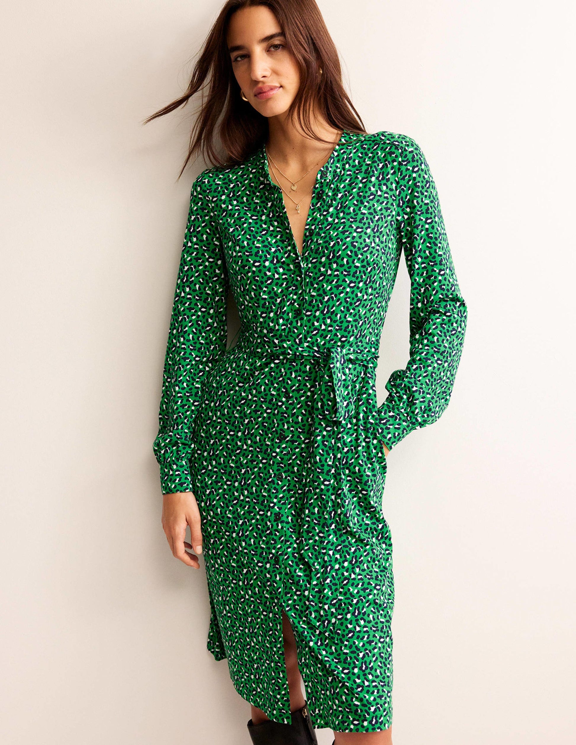 Julia Jersey Shirt Dress-Green Tambourine, Animal Print-4