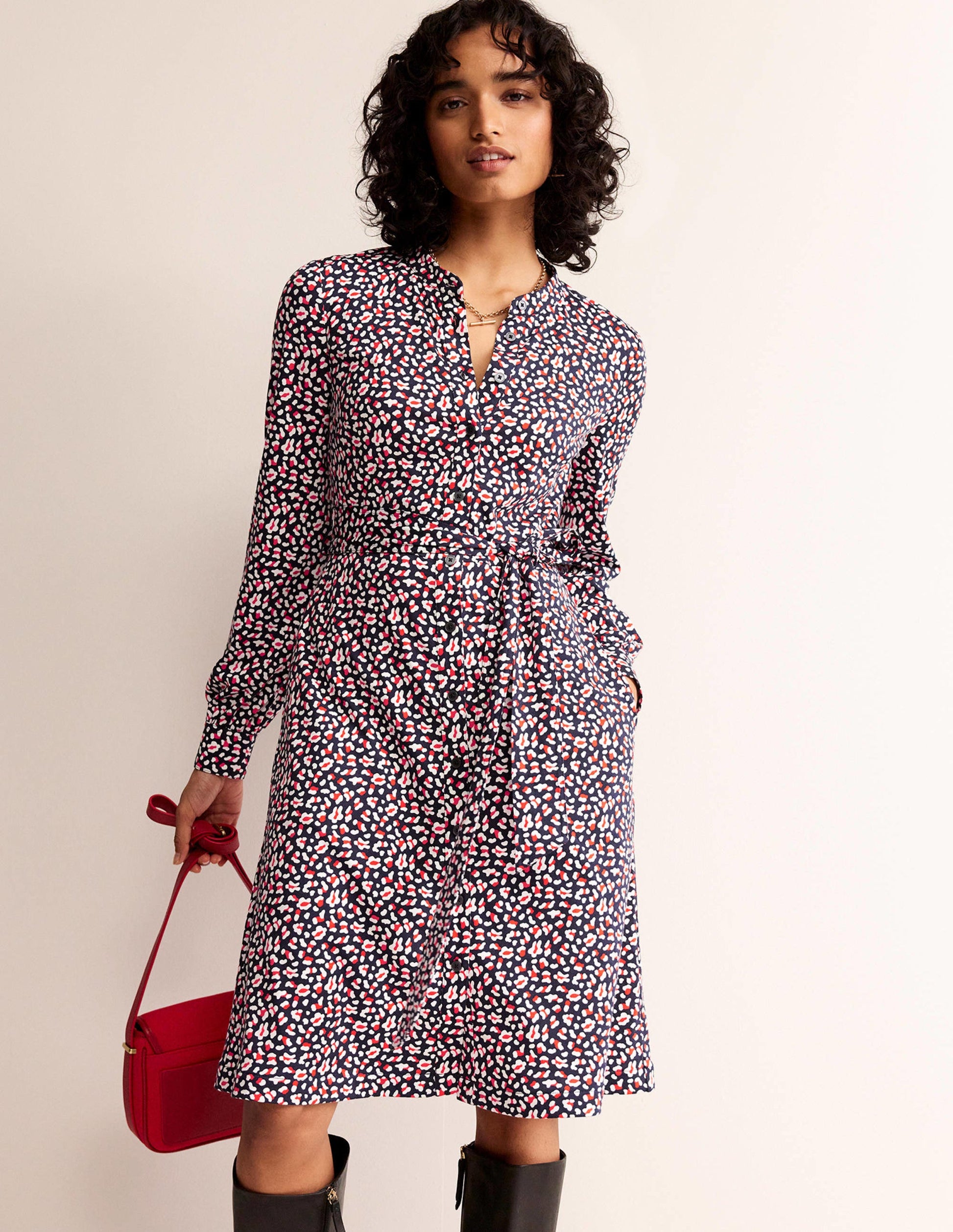 Julia Jersey Shirt Dress-French Navy, Animal Print-4
