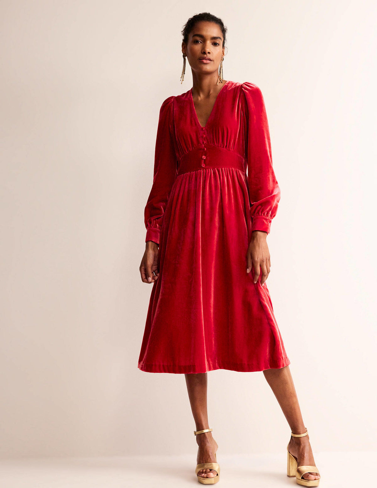 Elise Velvet Midi Dress-Red-2