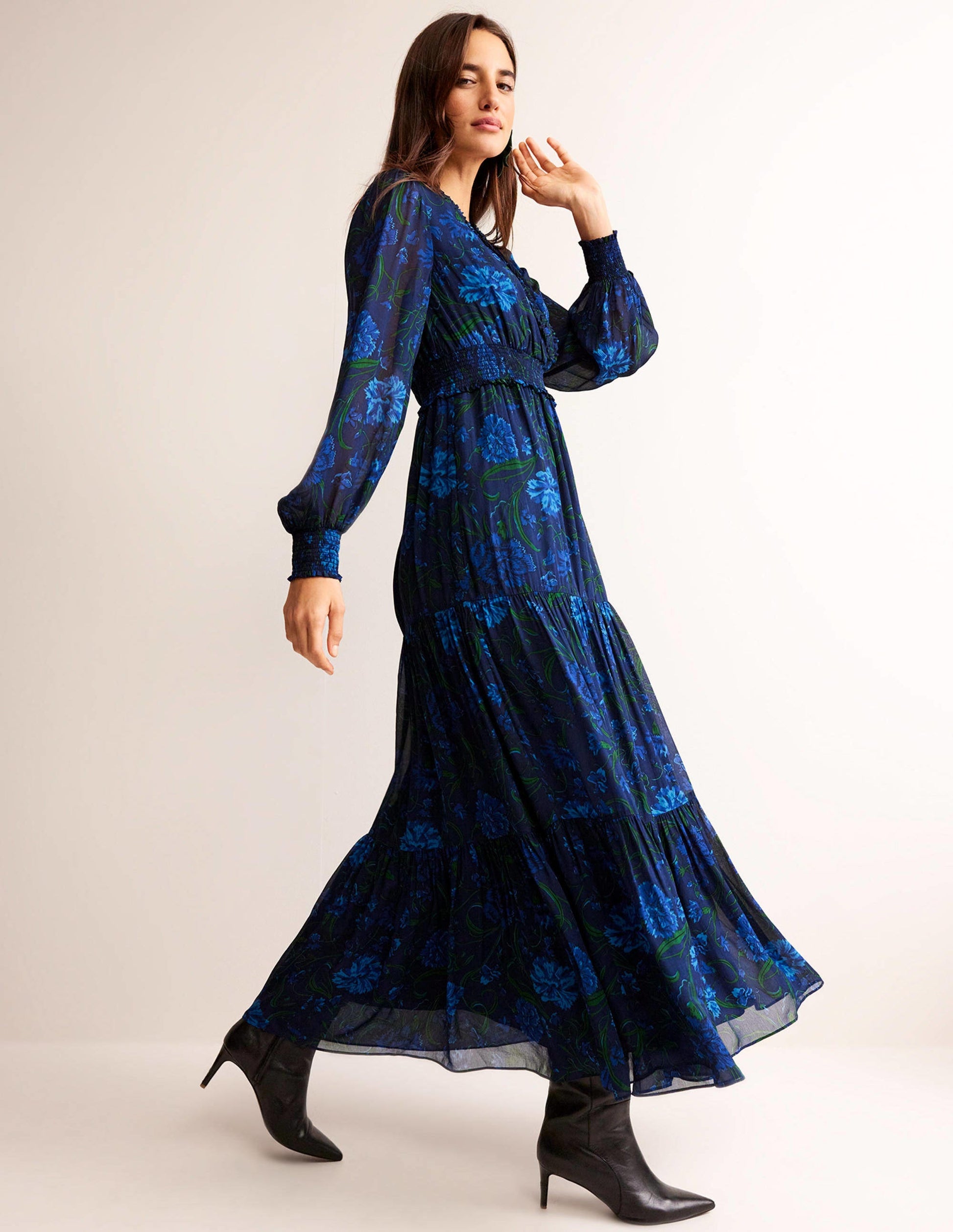 Floral Ruffle-Neck Maxi Dress-Navy, Freesia-2