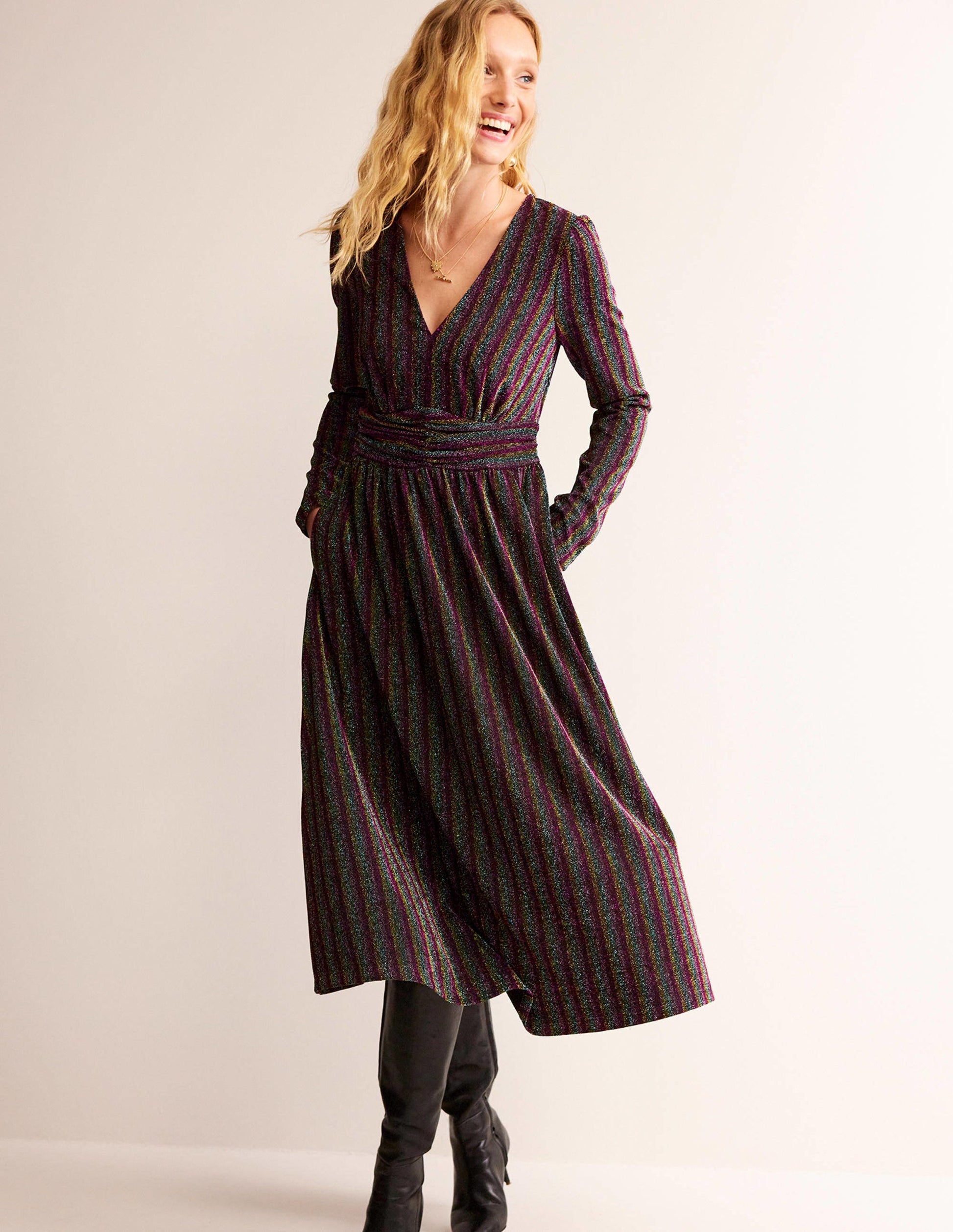 Ruched Sparkle Midi Dress-Multi Stripe-1