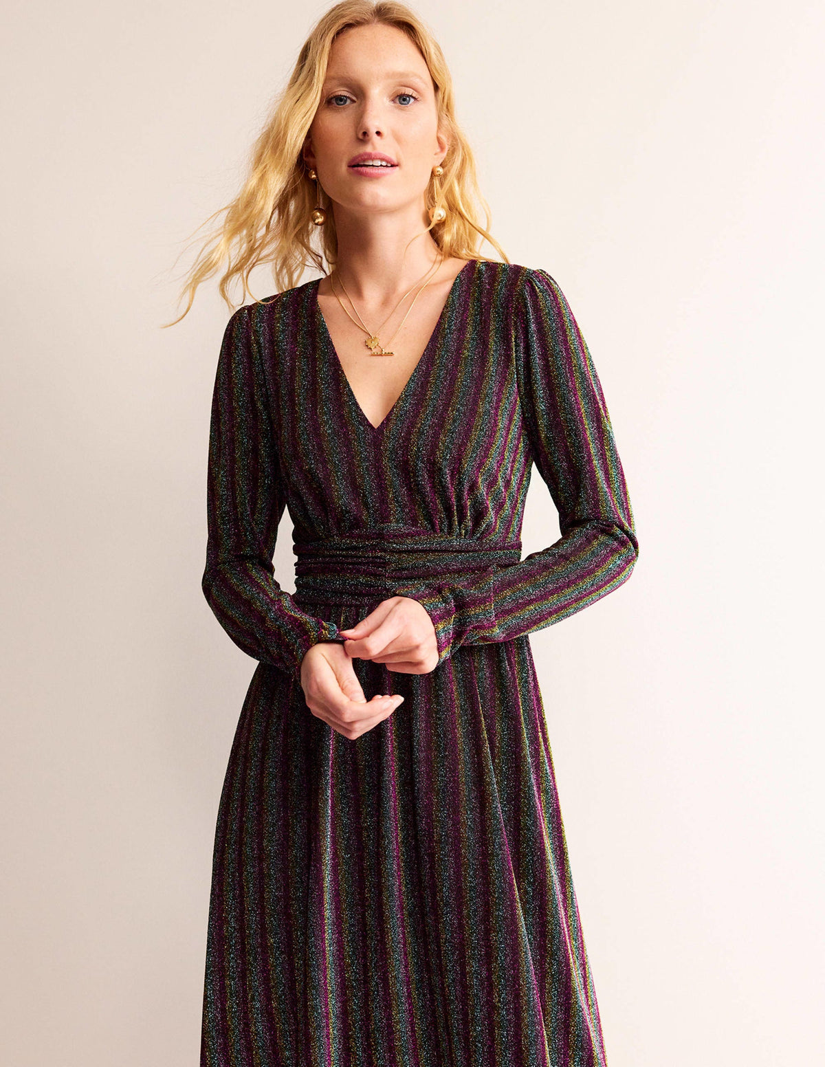 Ruched Sparkle Midi Dress-Multi Stripe - Image 4