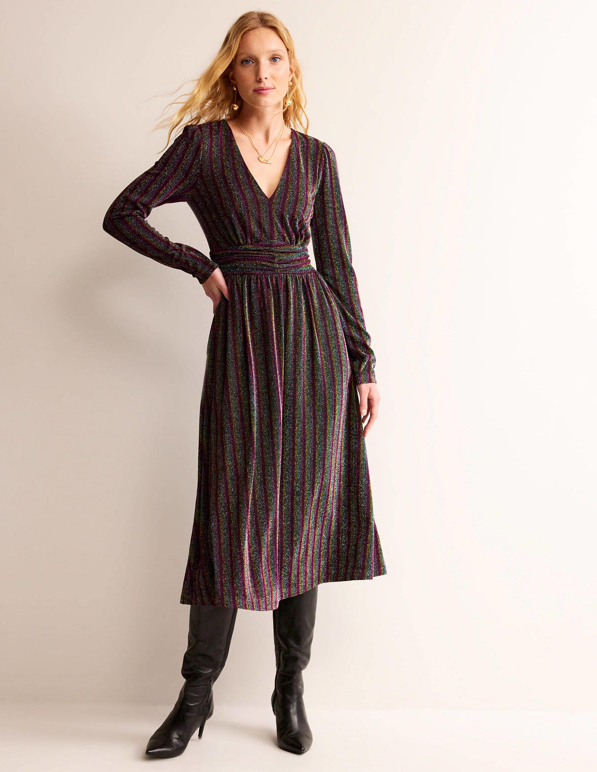 Ruched Sparkle Midi Dress-Multi Stripe-5