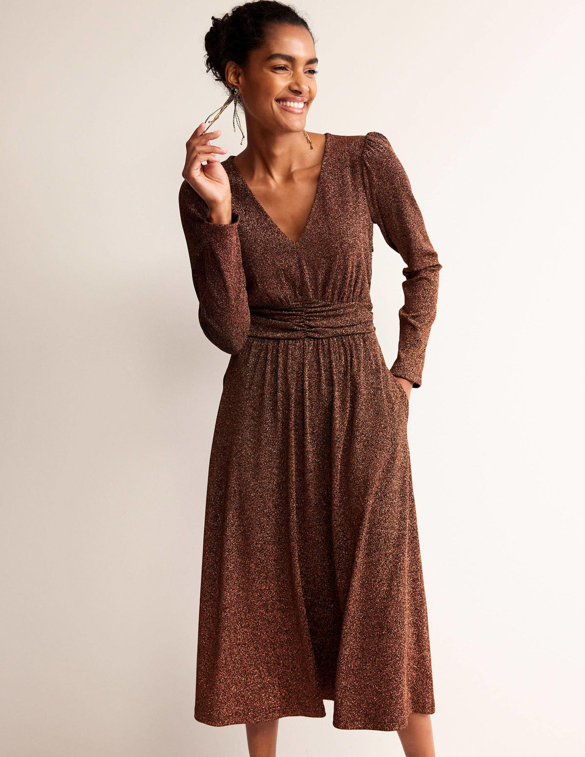 Ruched Waist Sparkle Dress-Copper - Image 1