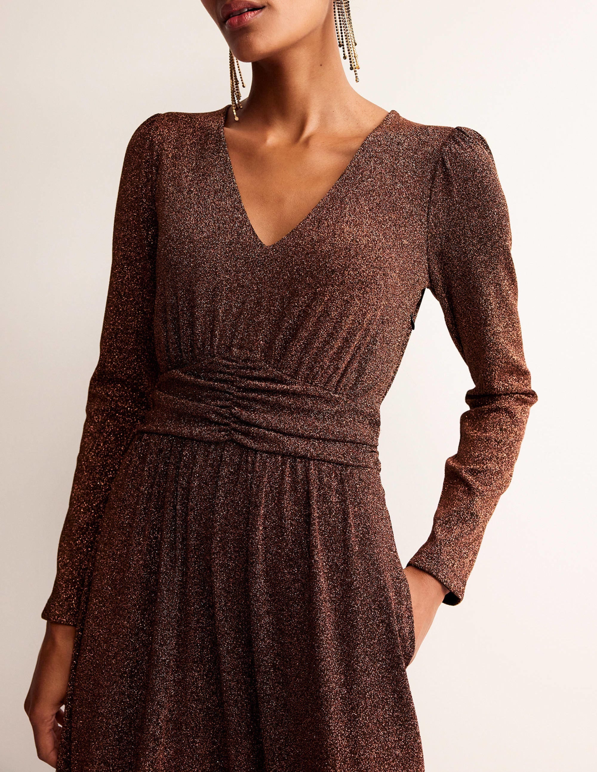 Ruched Waist Sparkle Dress-Copper - Image 2