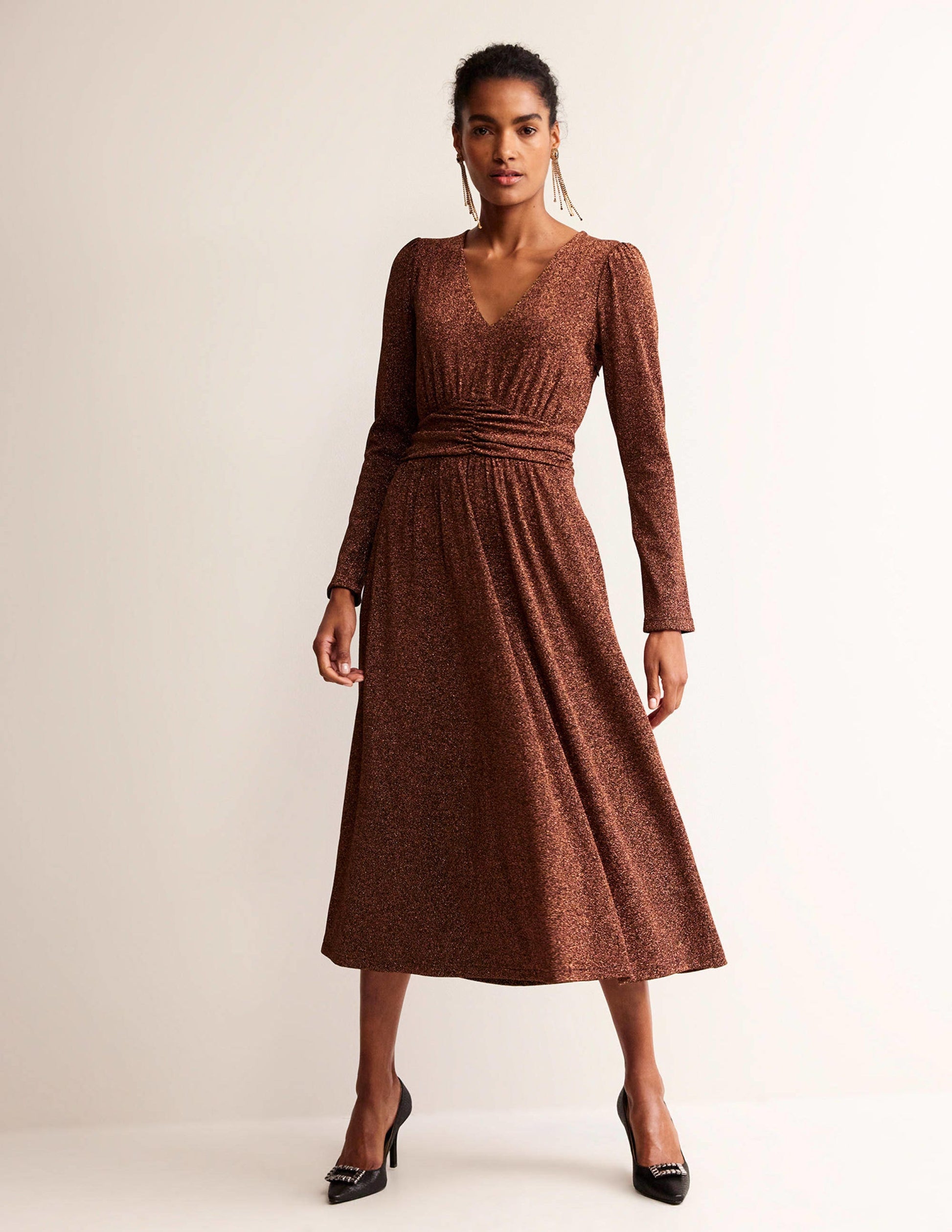 Ruched Waist Sparkle Dress-Copper-4