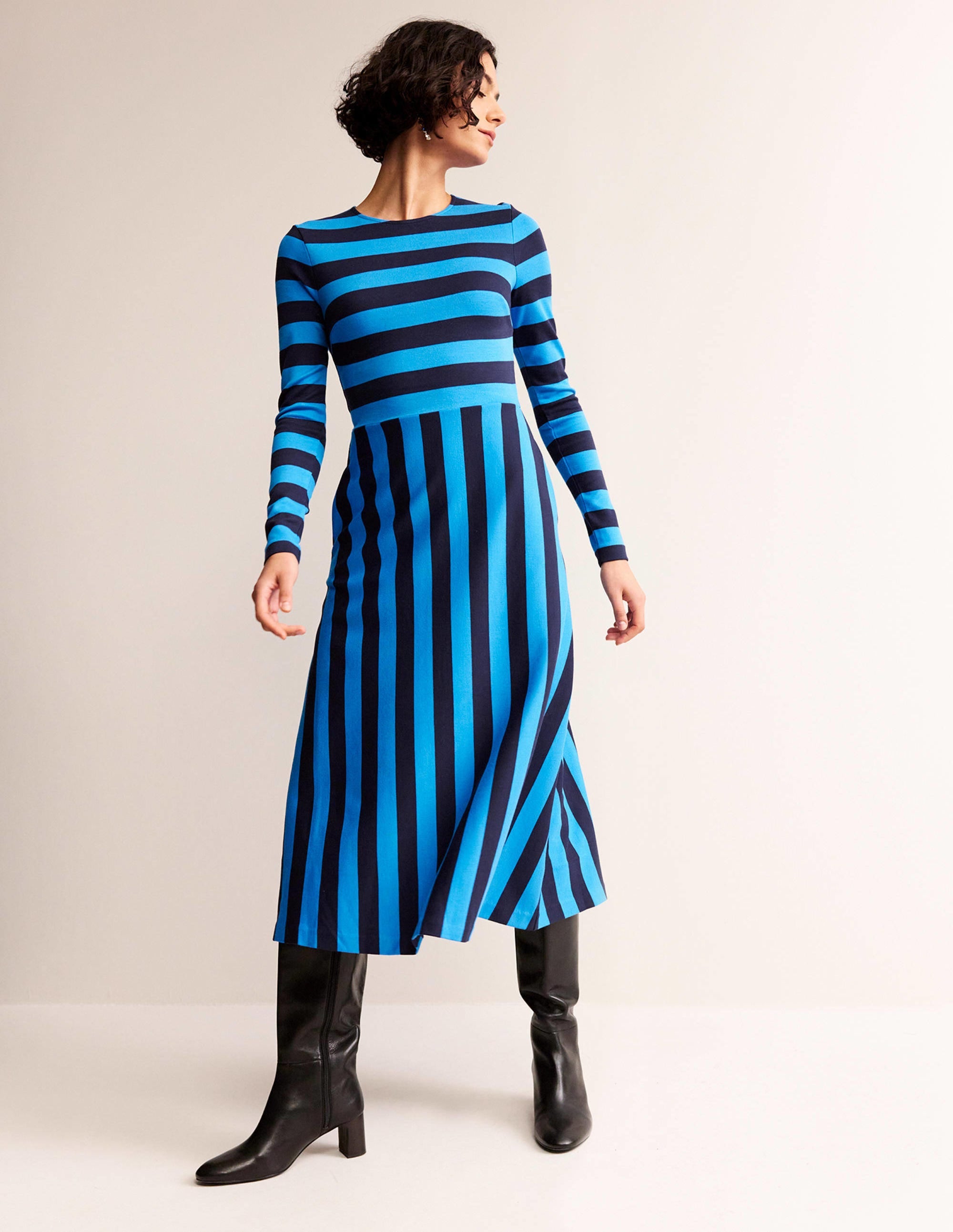 Stripe Jersey Midi Dress-Navy, Brilliant Blue Stripe - Image 1