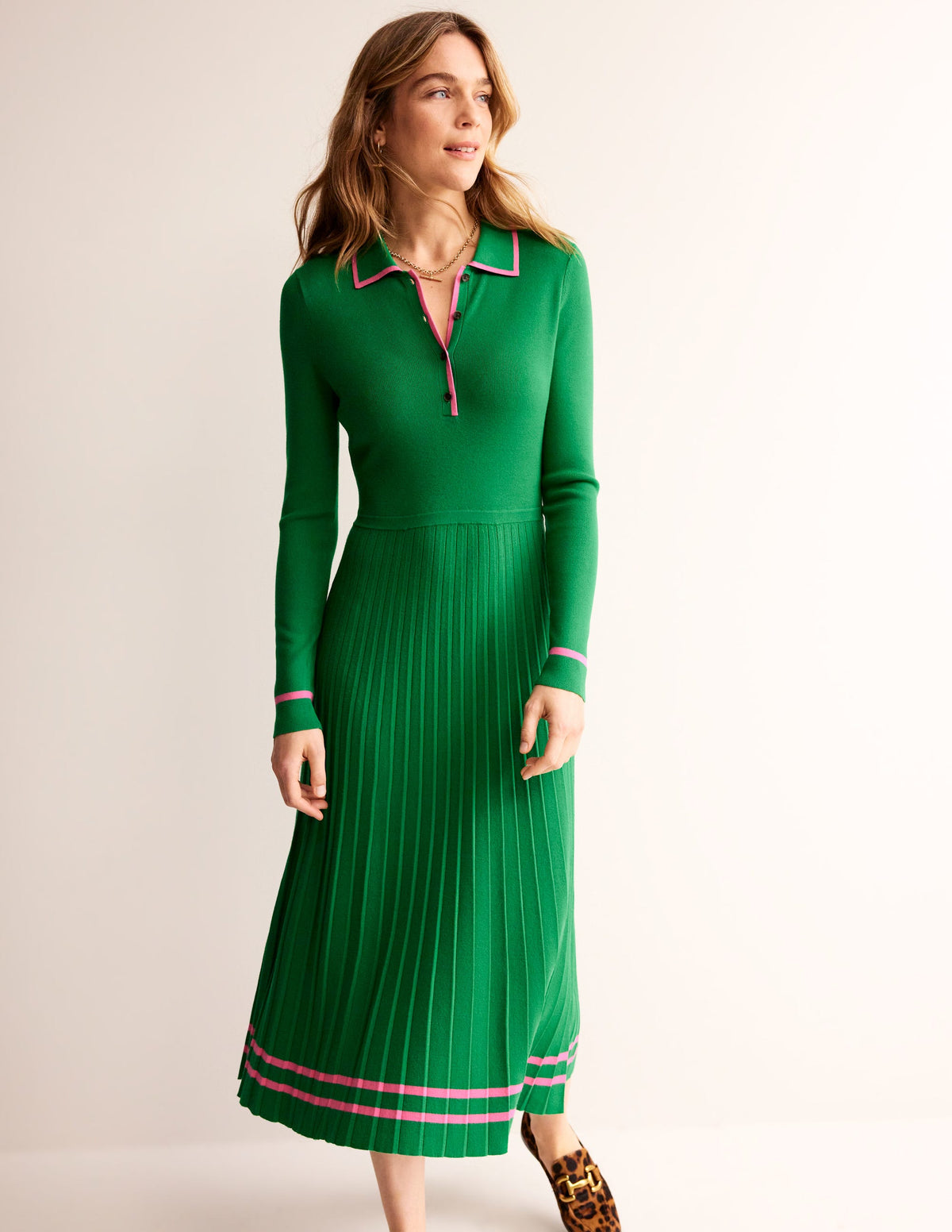Mollie Pleated Knitted Dress-Green Sangria Sunset-1
