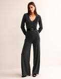 Metallic Plunge Jumpsuit-Black