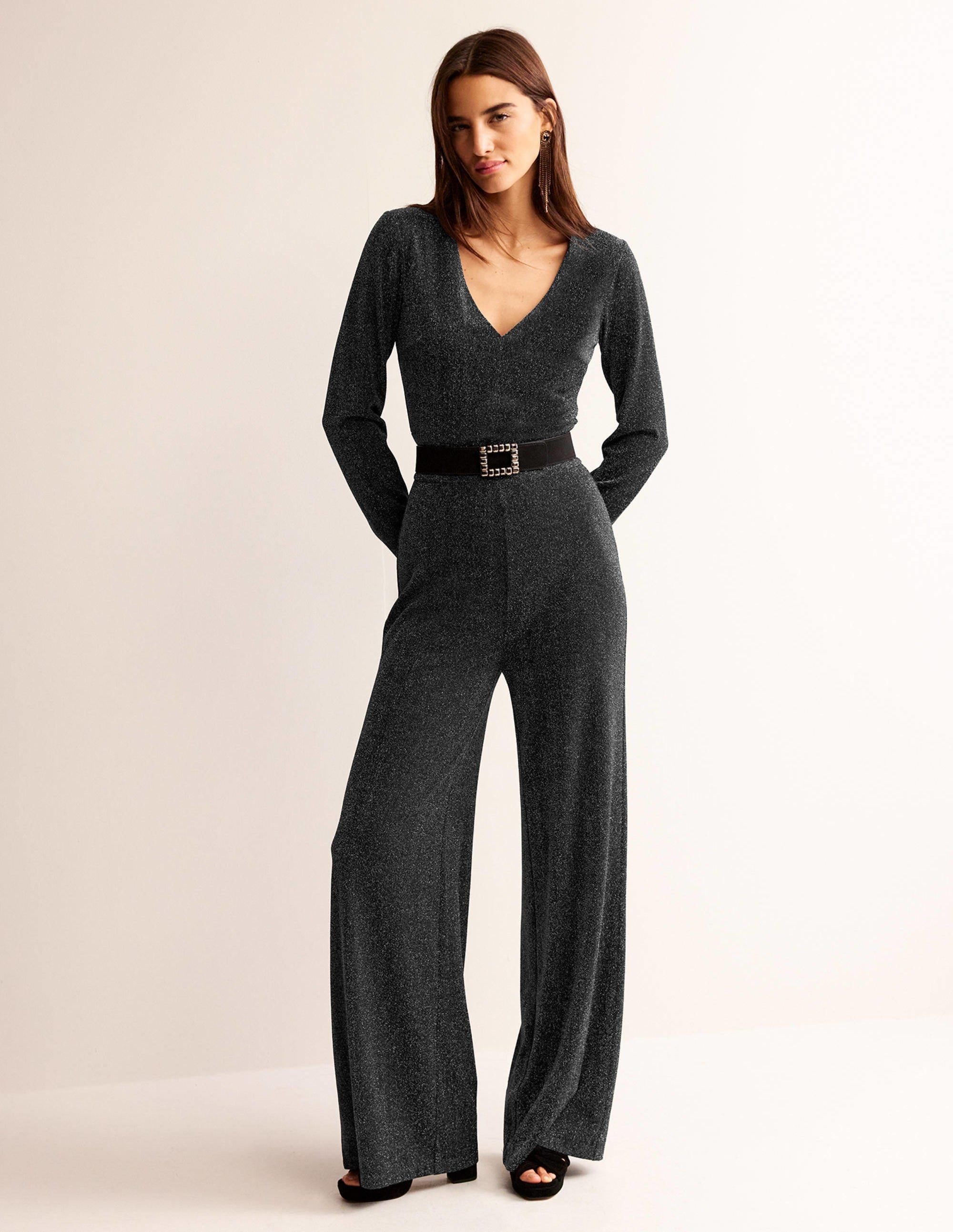 Metallic Plunge Jumpsuit-Black - Image 1