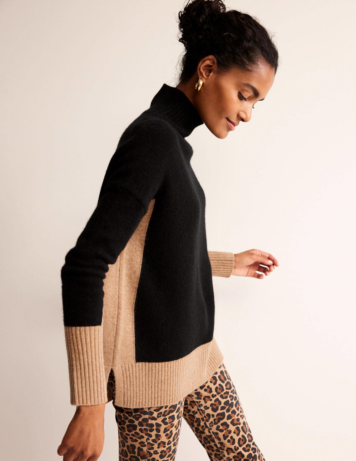 Jessica Oversized Jumper-Black, Camel Colour Block - Image 1