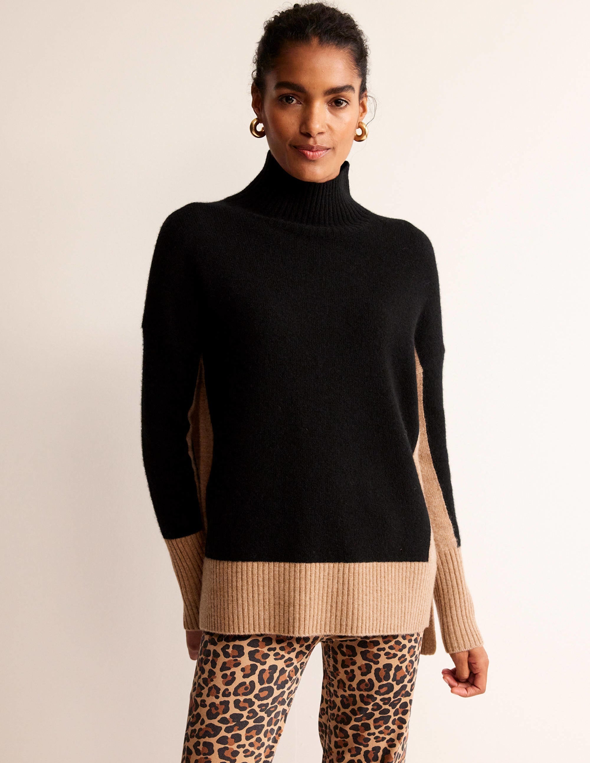 Jessica Oversized Jumper-Black, Camel Colour Block - Image 2