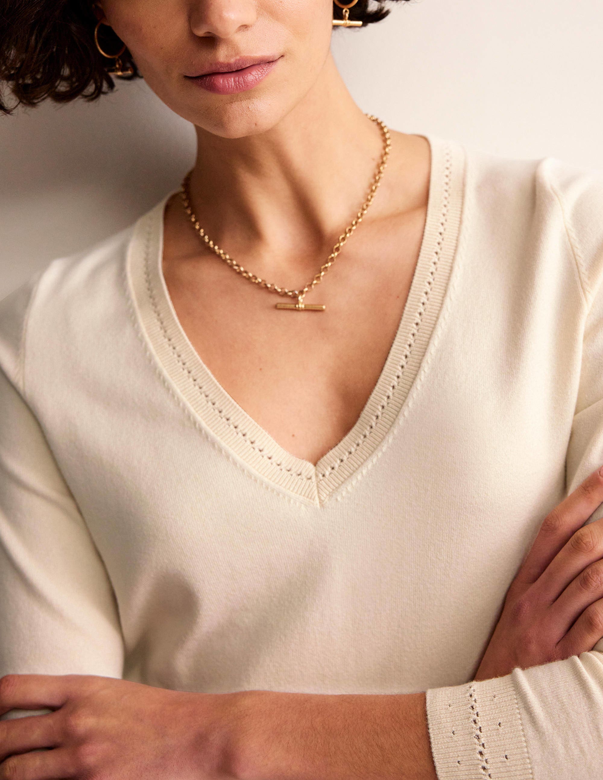 Catriona Cotton V-Neck Jumper-Warm Ivory - Image 3