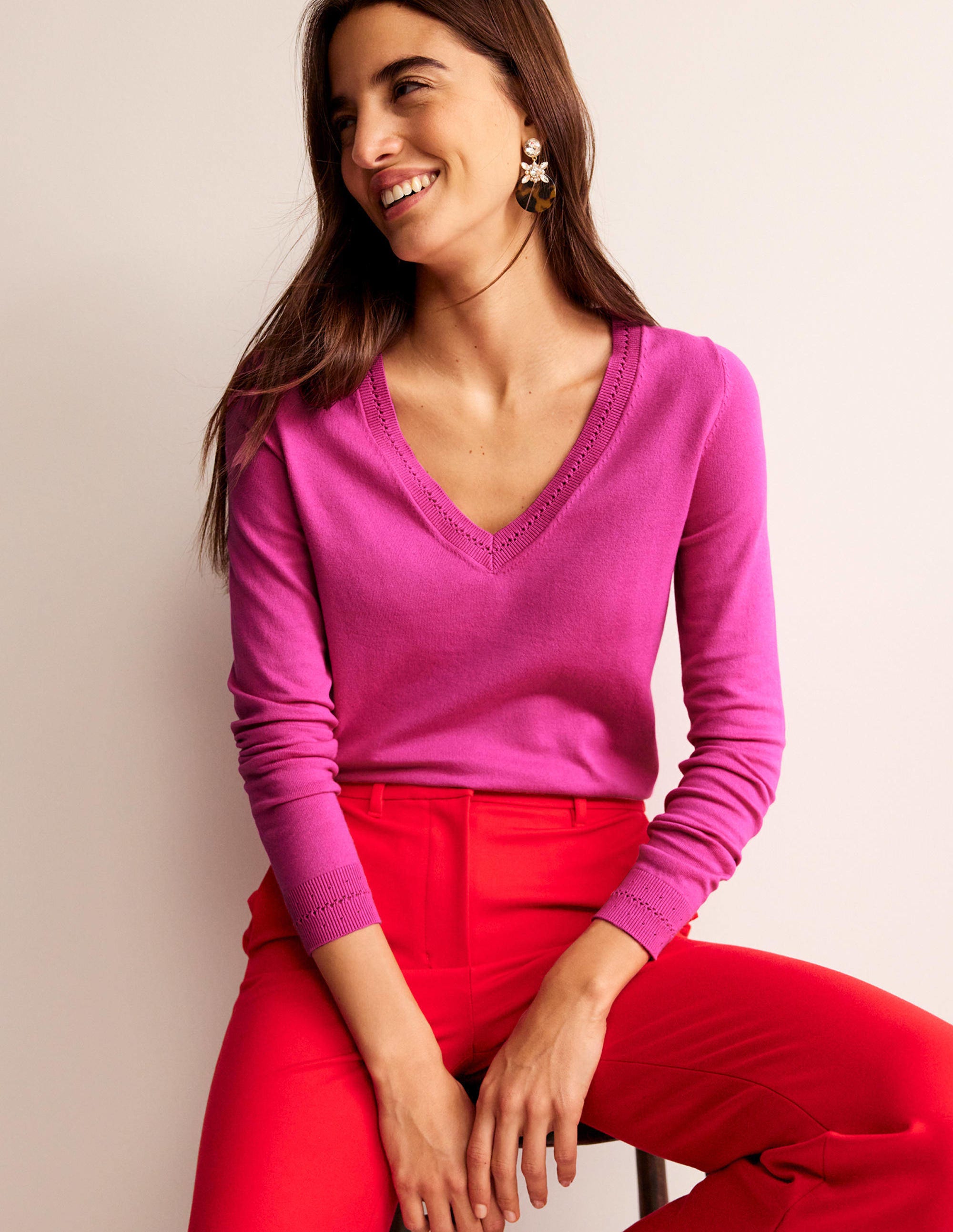 Catriona Cotton V-Neck Jumper-Cosmos Pink - Image 2
