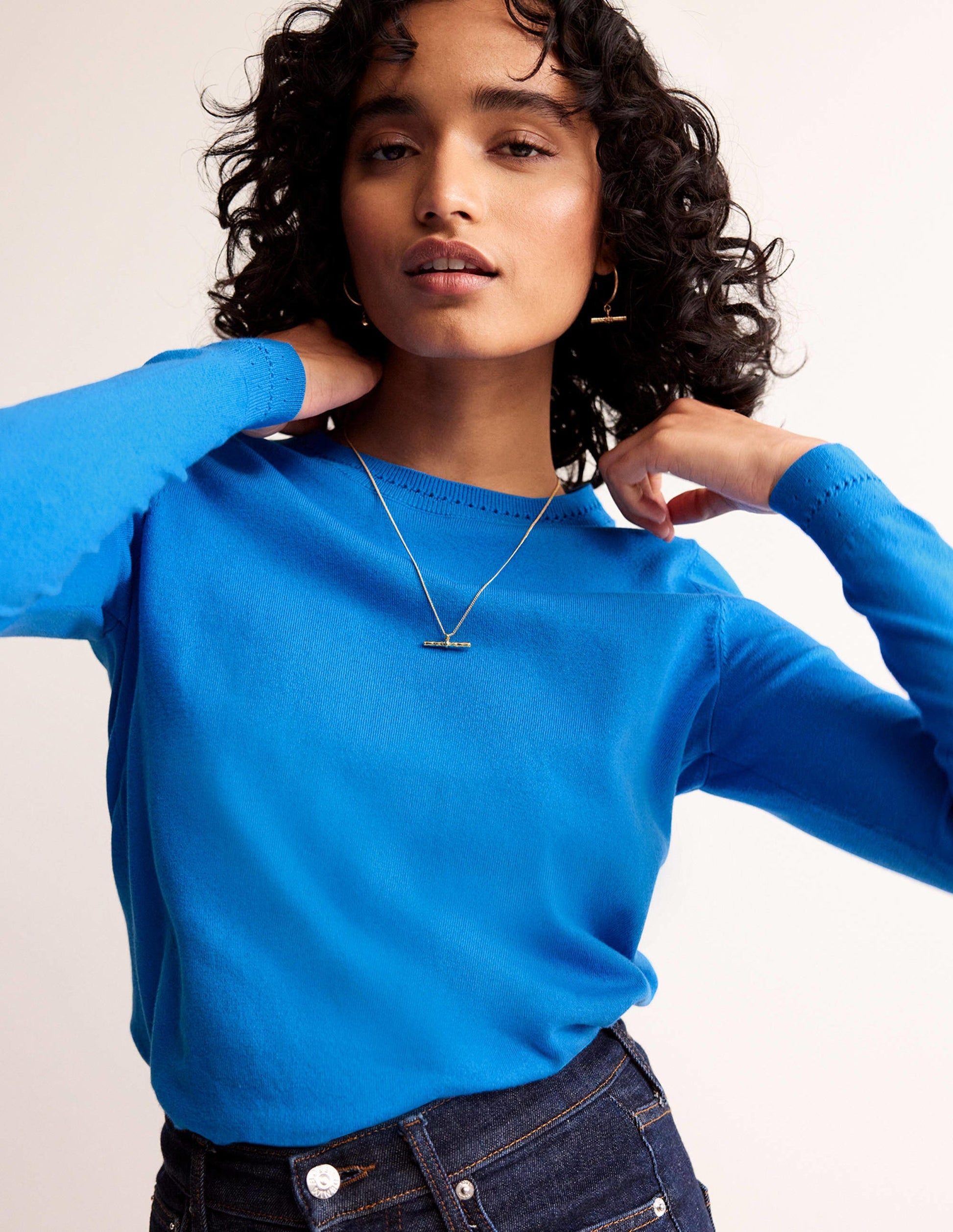 Catriona Cotton Crew Jumper-Bright Cyan Blue-2
