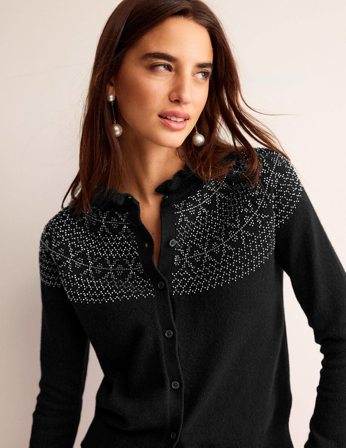 Embellished Yoke Cardigan-Black-1