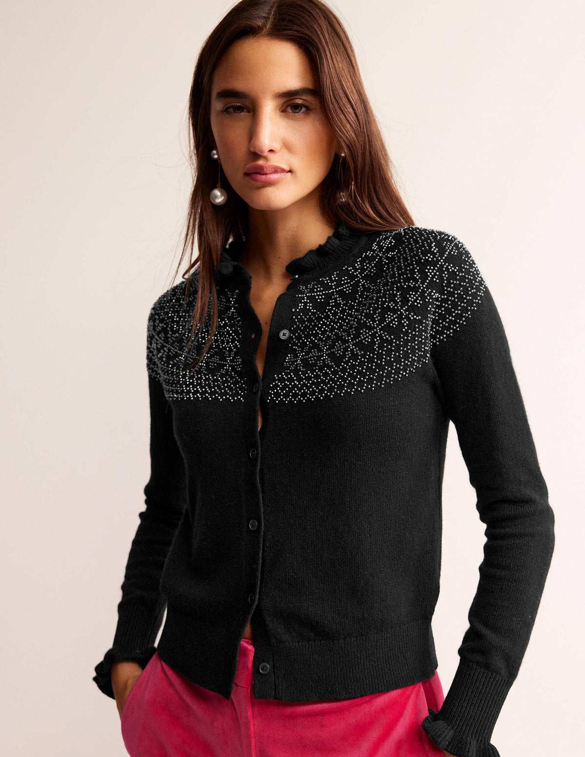 Embellished Yoke Cardigan-Black-2