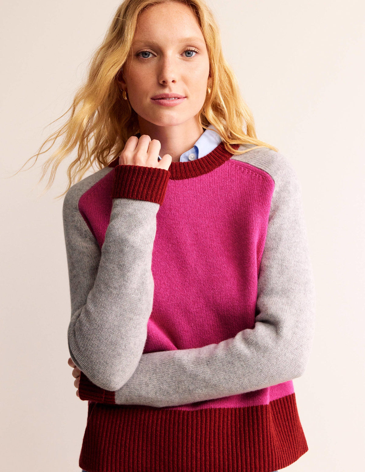 Olivia Merino Jumper-Amaranth, Fireglow Colourblock - Image 1
