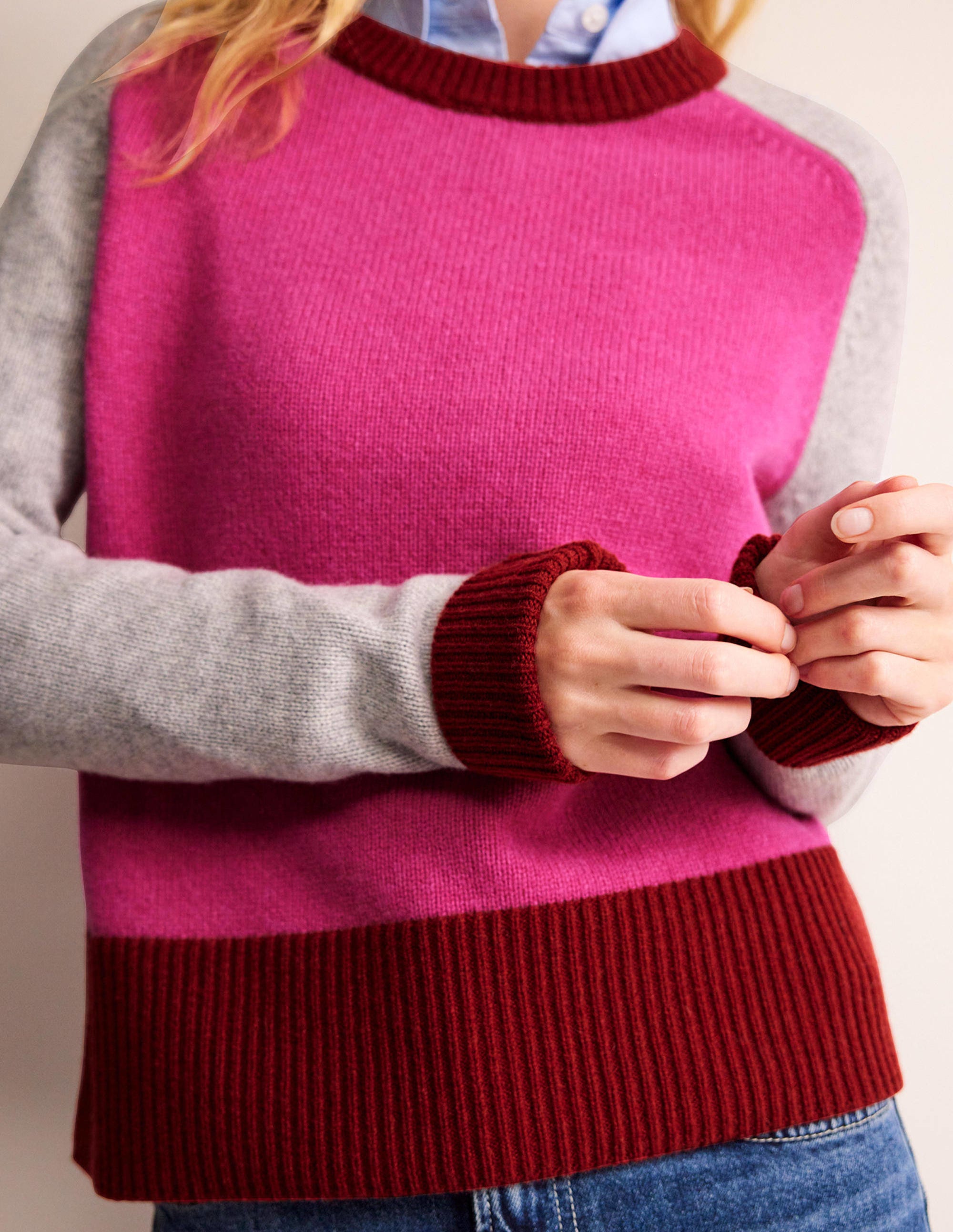 Olivia Merino Jumper-Amaranth, Fireglow Colourblock - Image 2