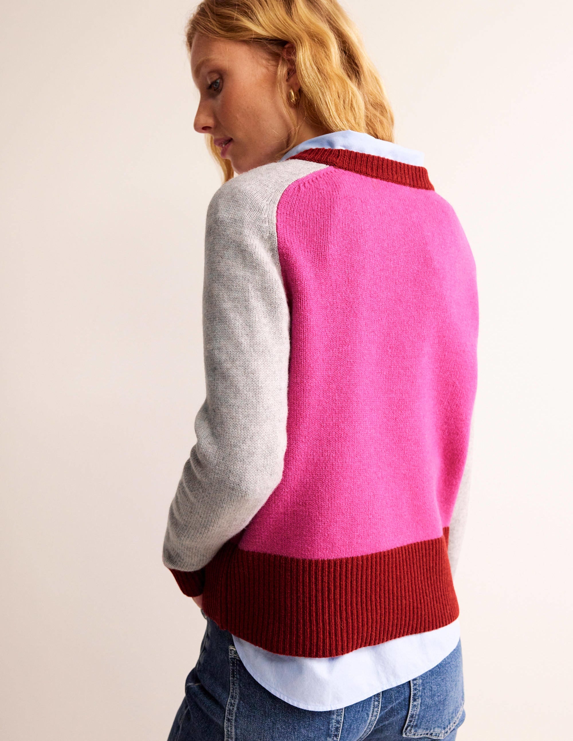 Olivia Merino Jumper-Amaranth, Fireglow Colourblock - Image 3