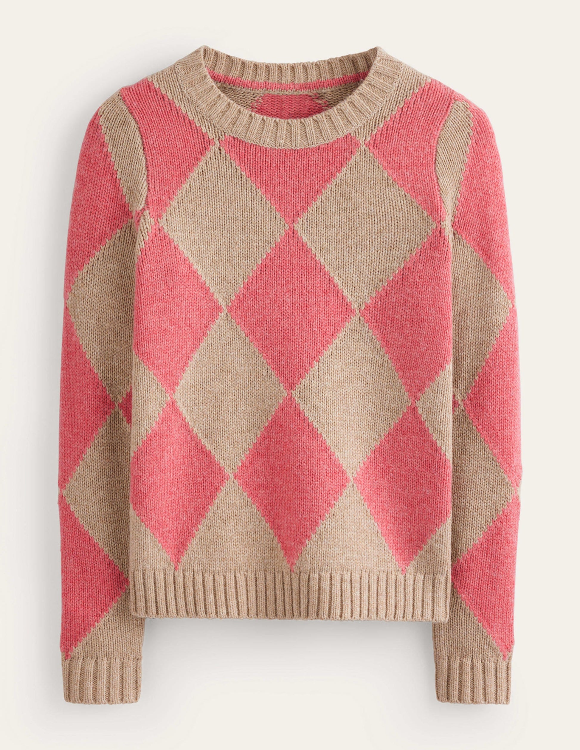 Argyle Crew Neck Jumper-Watermelon, Chinchilla Melange-5