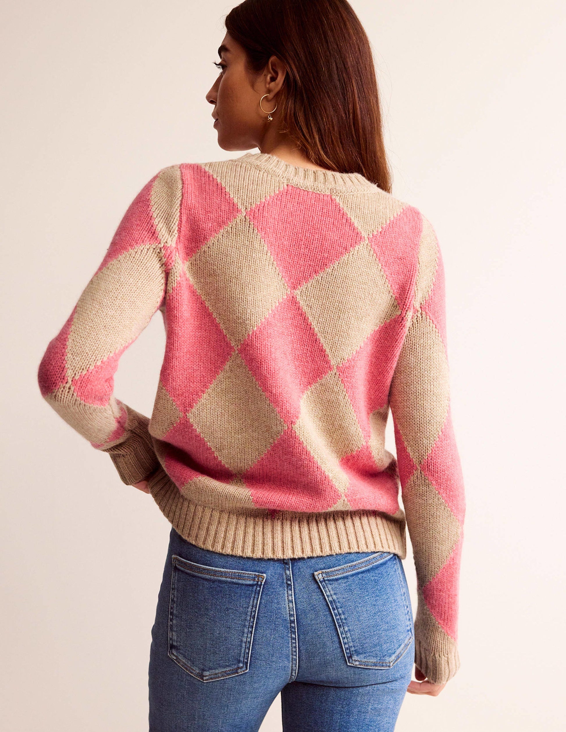 Argyle Crew Neck Jumper-Watermelon, Chinchilla Melange-3